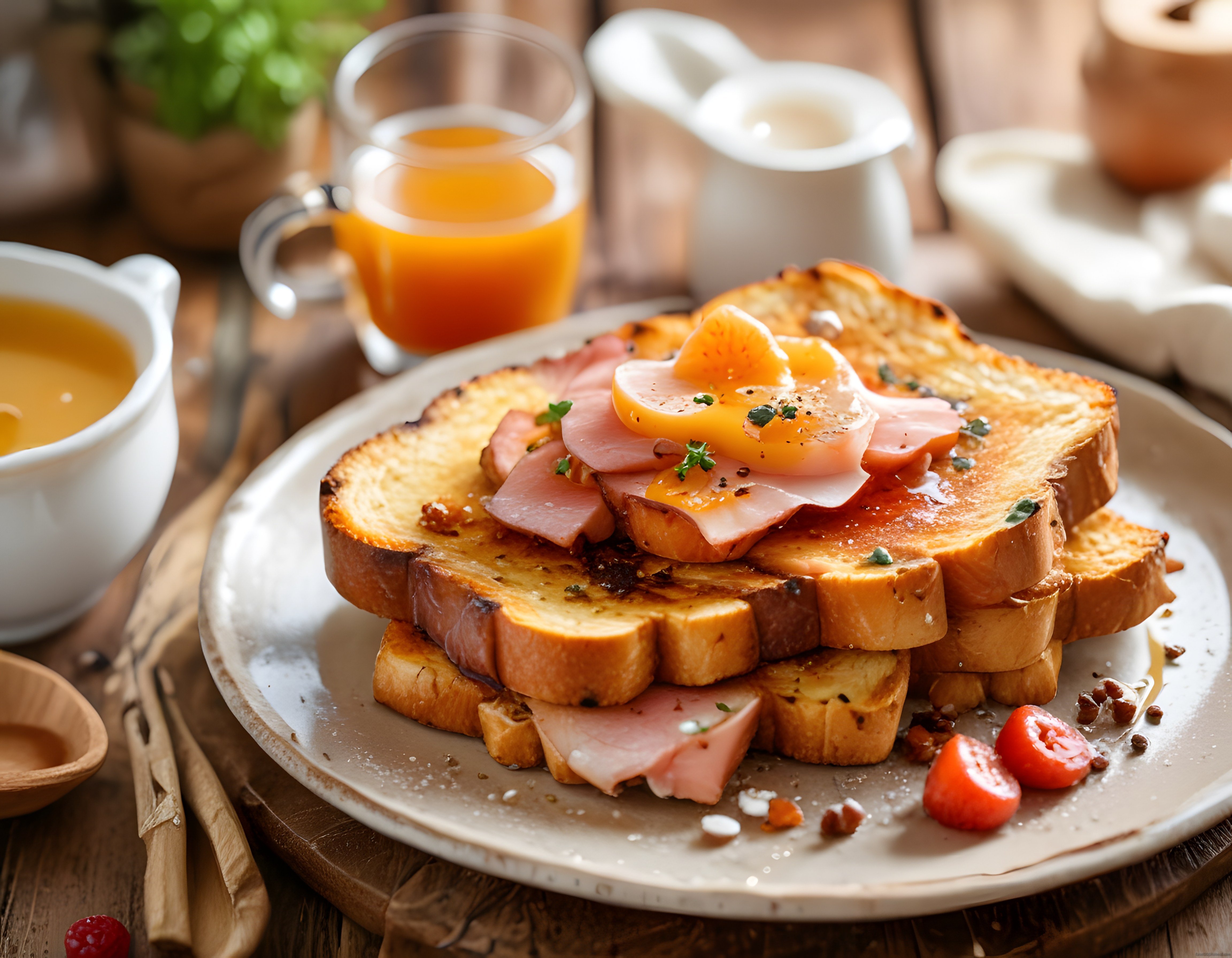 Jambonlu Yumurtalı French Toast ile Rustik Sıcak Kahvaltı Masası