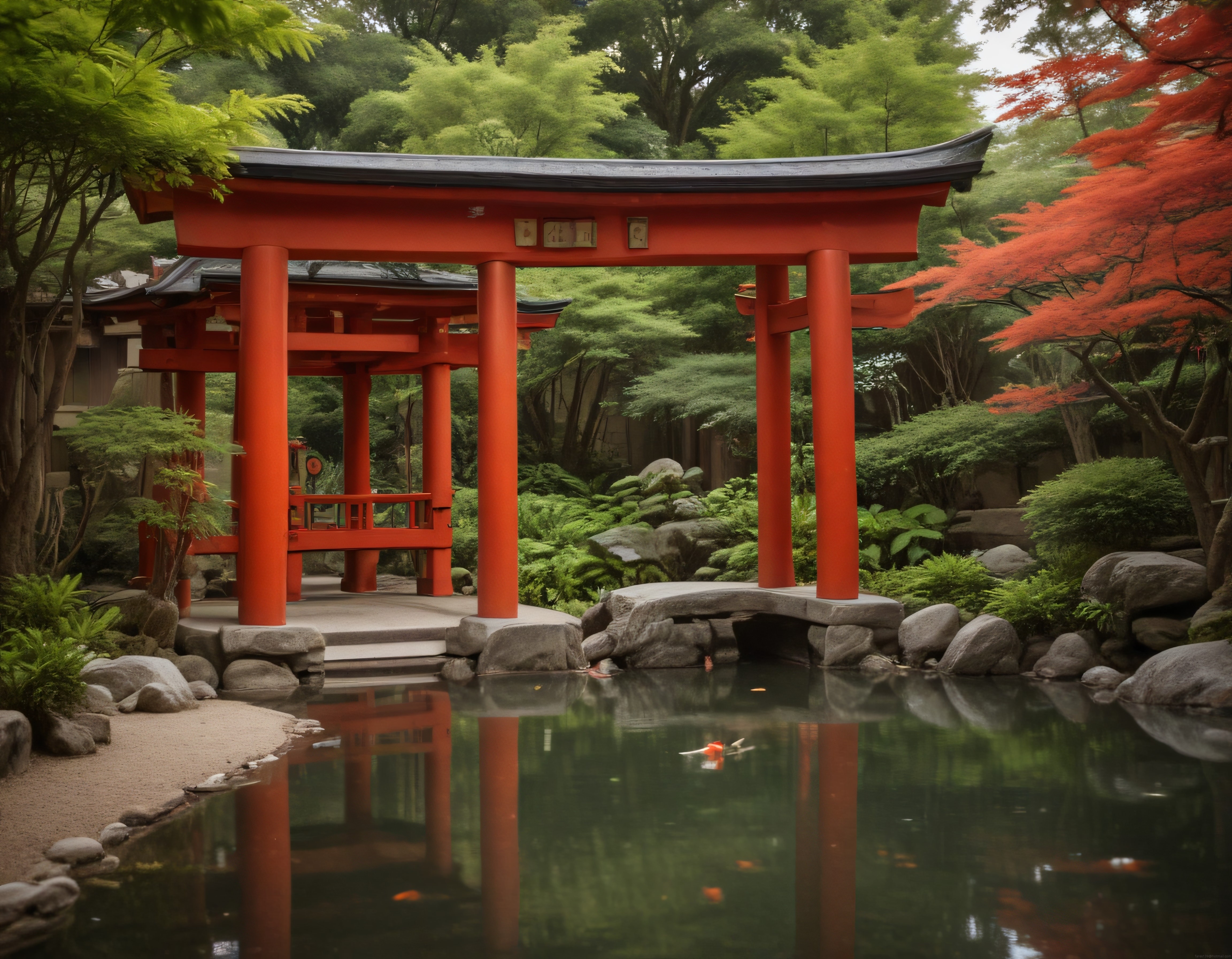 Japon Bahçesinde Gölet Kenarındaki Kırmızı Torii Kapısının Huzurlu Yansıması