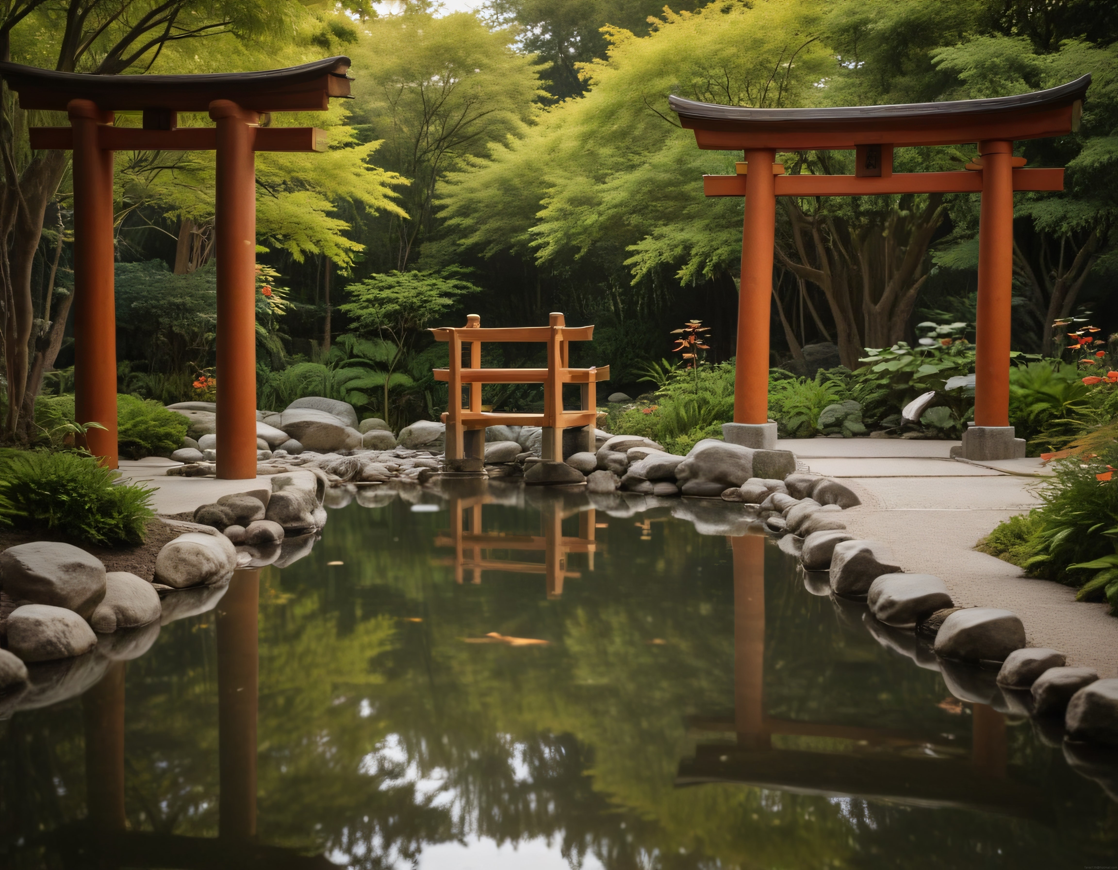 Japon Bahçesinde Huzur Veren Torii Kapıları ve Yansımalı Gölet Manzarası