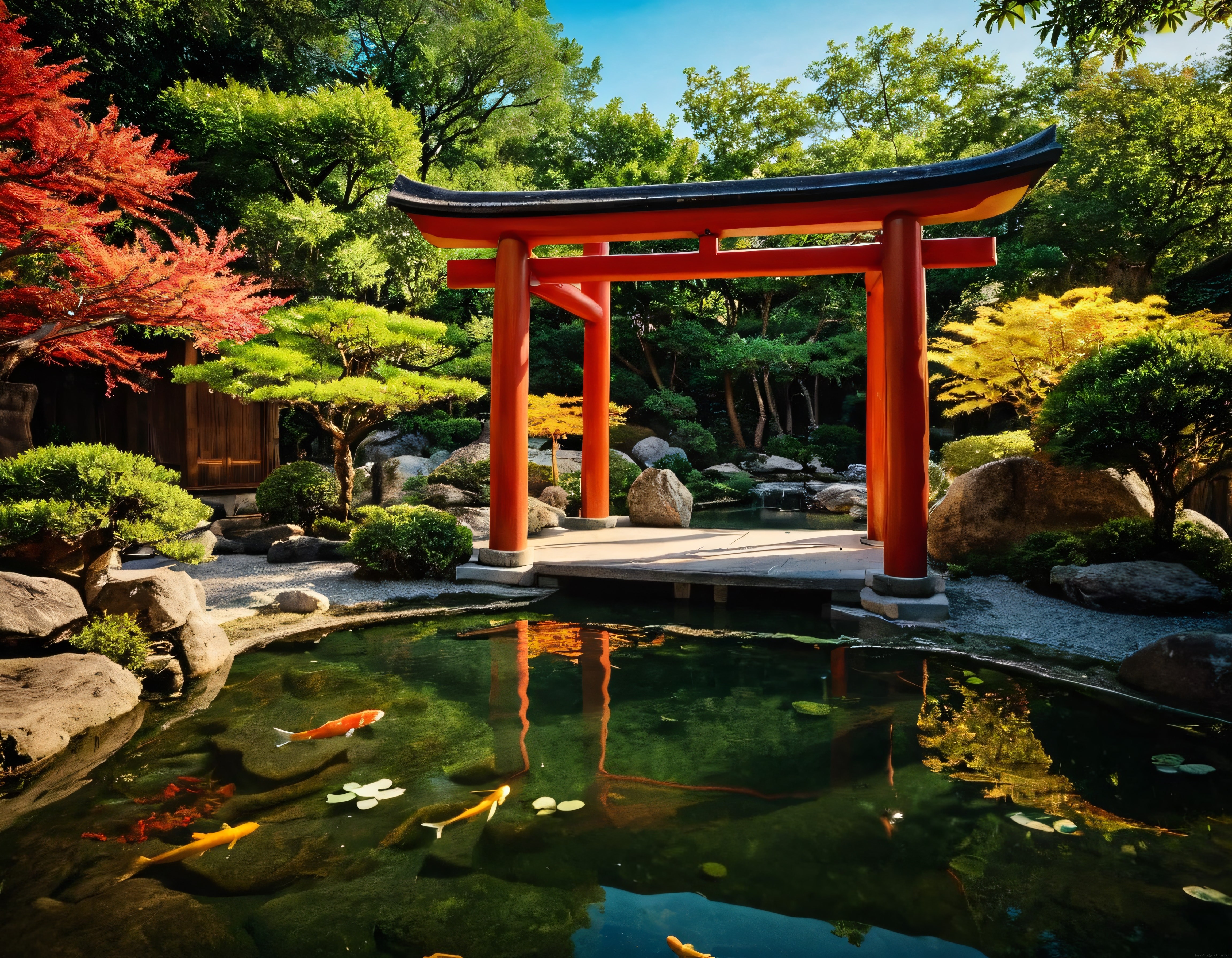 Japon Bahçesinde Kırmızı Torii Kapısı ve Koi Balıklı Huzur Dolu Peyzaj