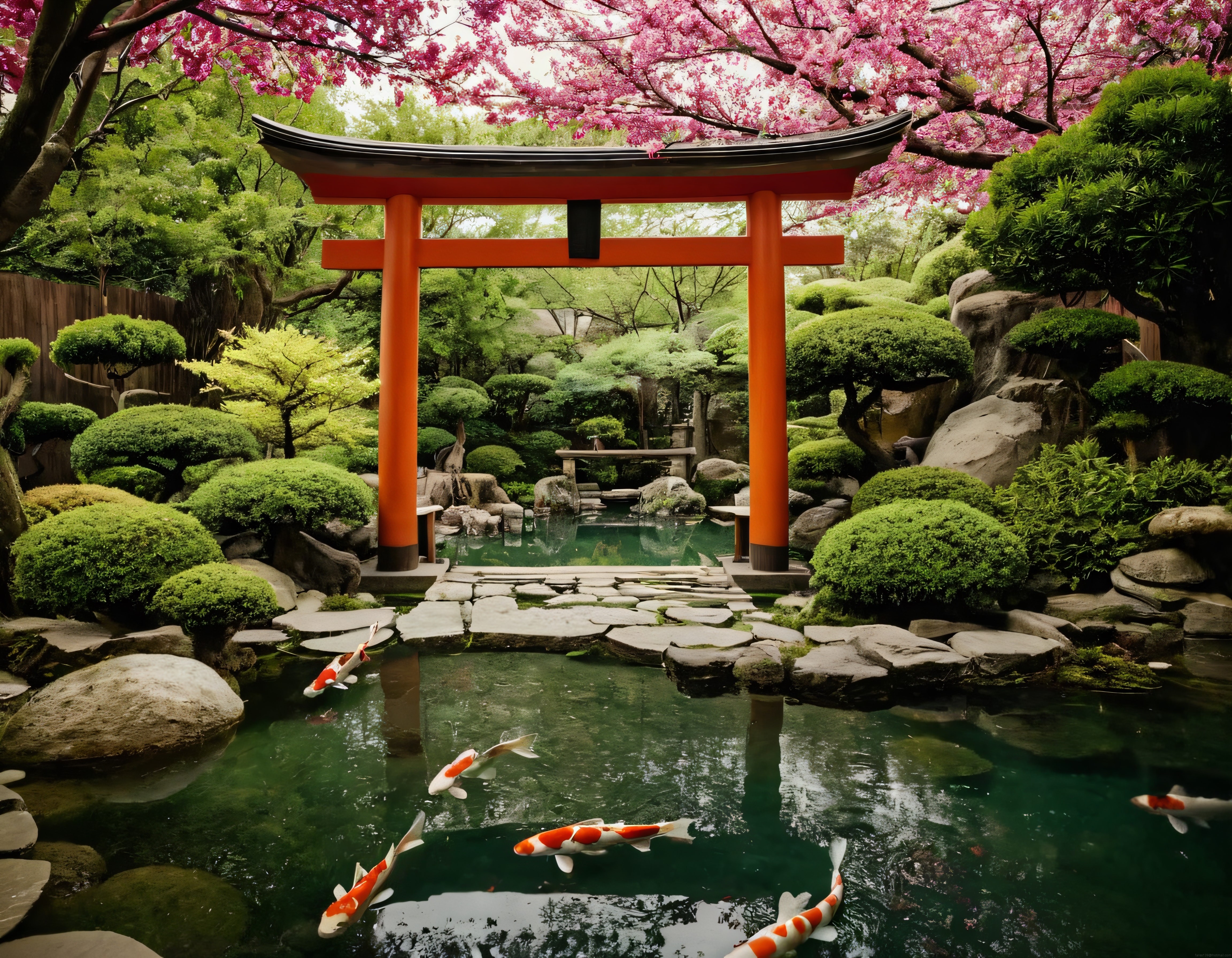 Japon Bahçesinde Turuncu Torii Kapısı ve Koi Balıklarıyla Huzurlu Doğa Manzarası