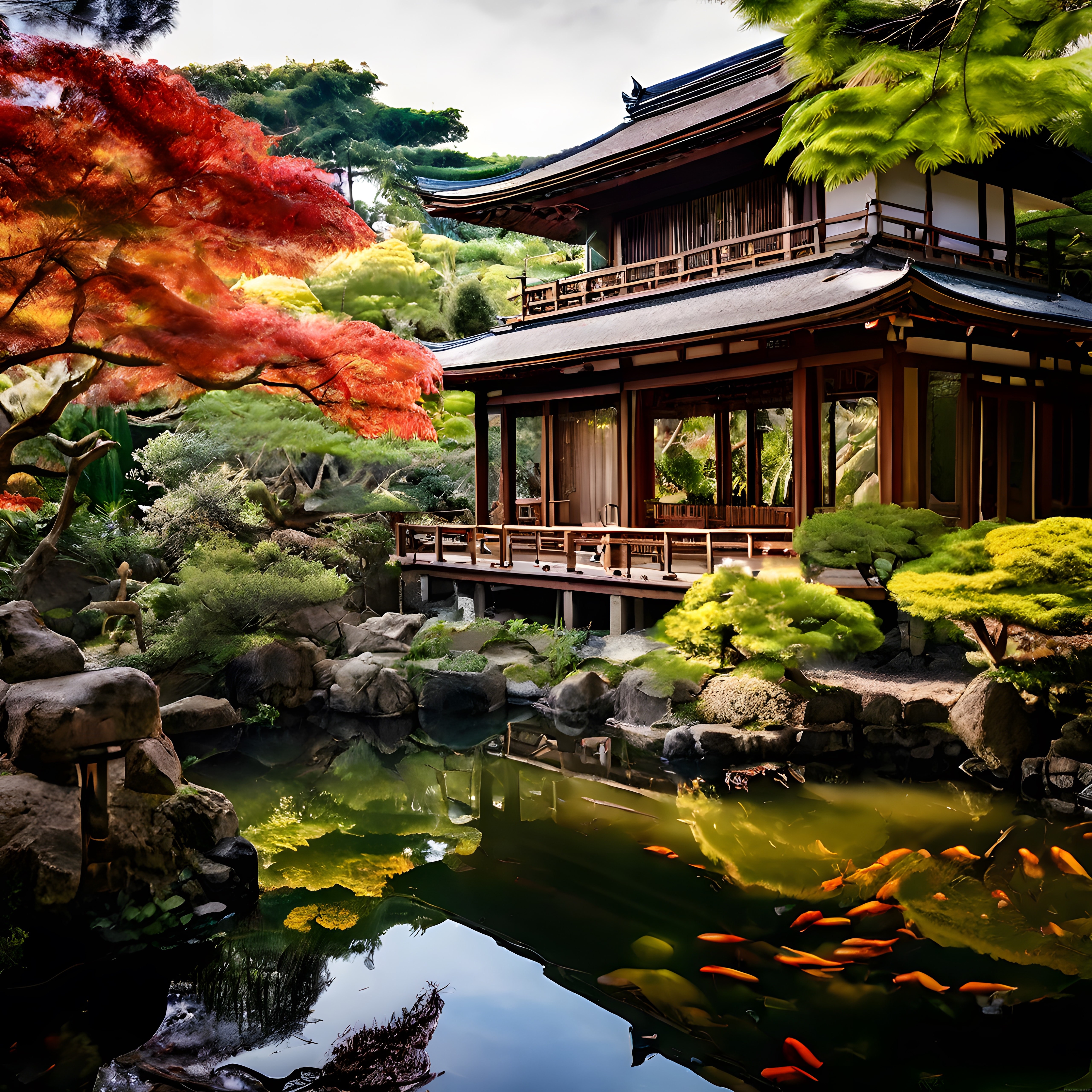Japon Bahçesindeki Geleneksel Ev, Koi Göleti ve Sonbahar Akçaağaçları