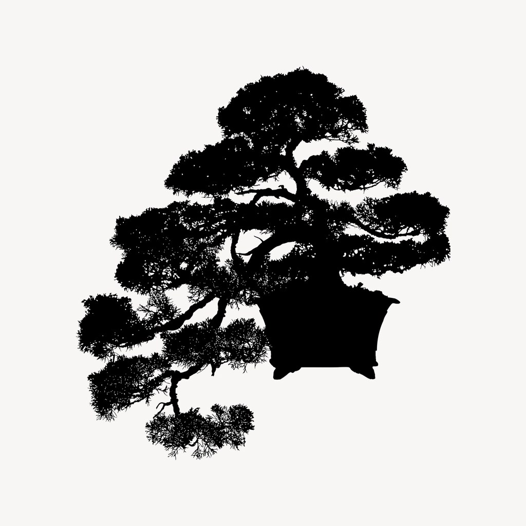 Japon bonsai ağacı siyah silueti dekoratif vektör tasarım görseli
