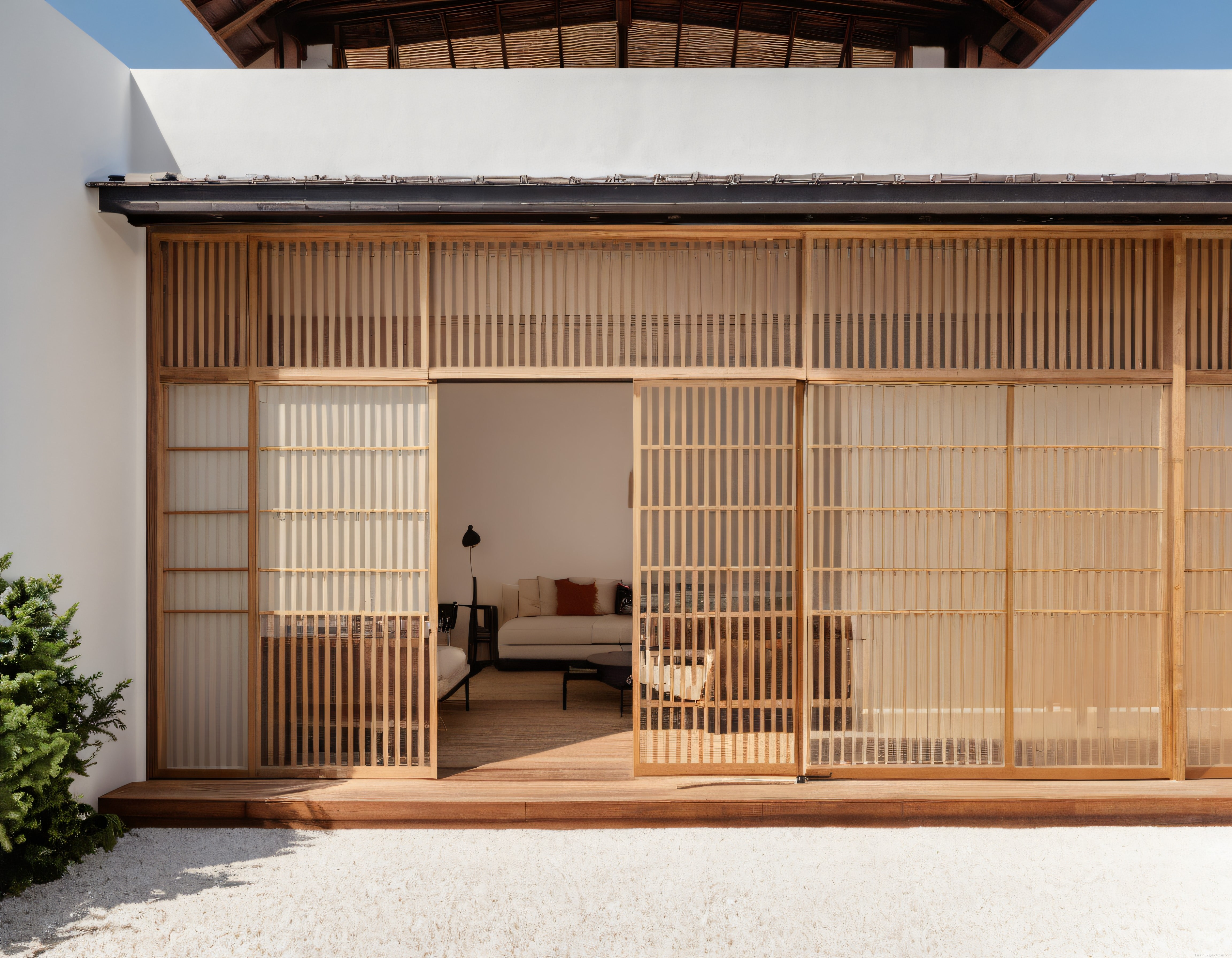 Japon Esintili Modern Villa Cephesi, Ahşap Shoji Kapılar ve Zen Bahçesi