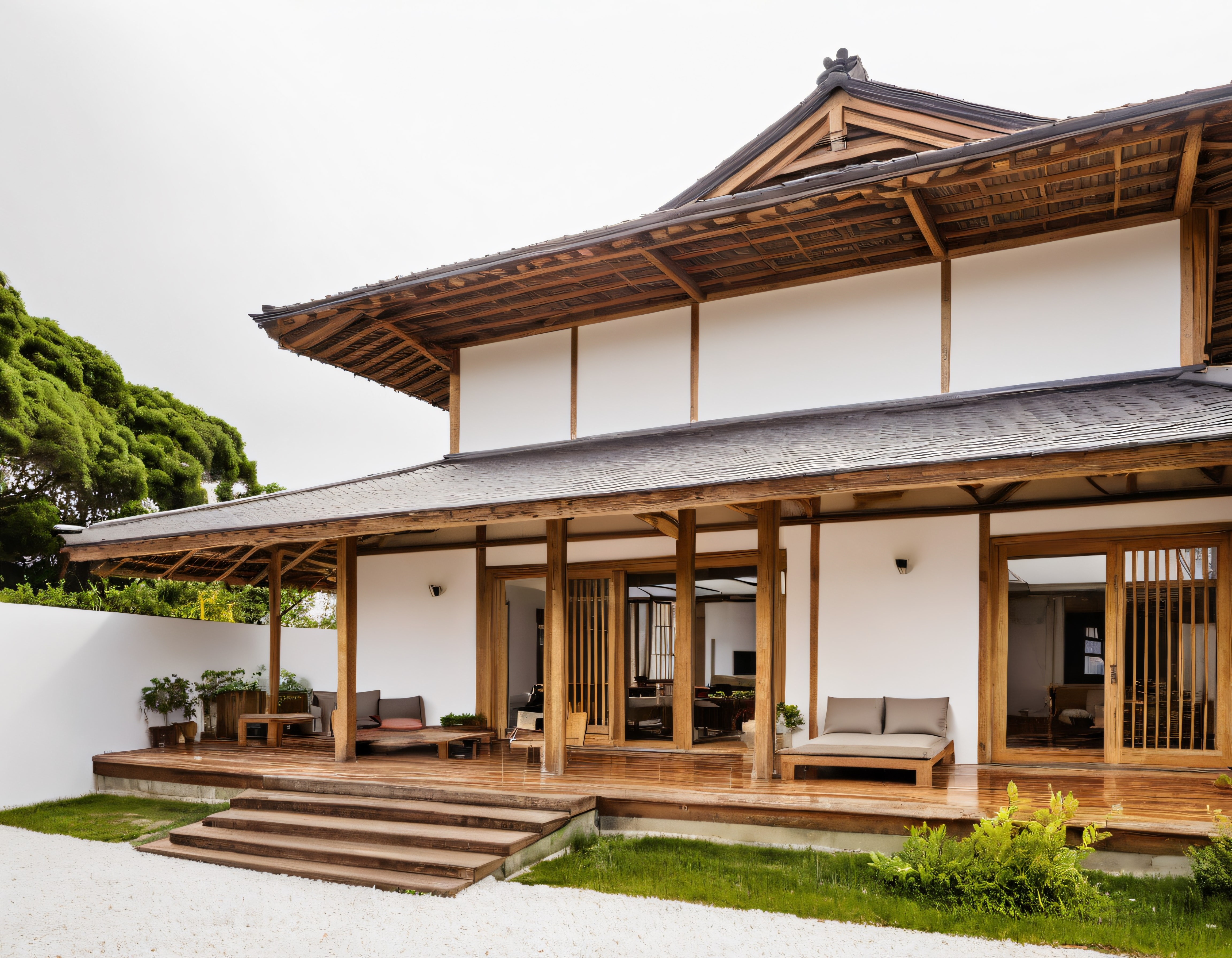 Japon etkili modern ahşap villa, geniş teras ve sakin bahçe manzarası