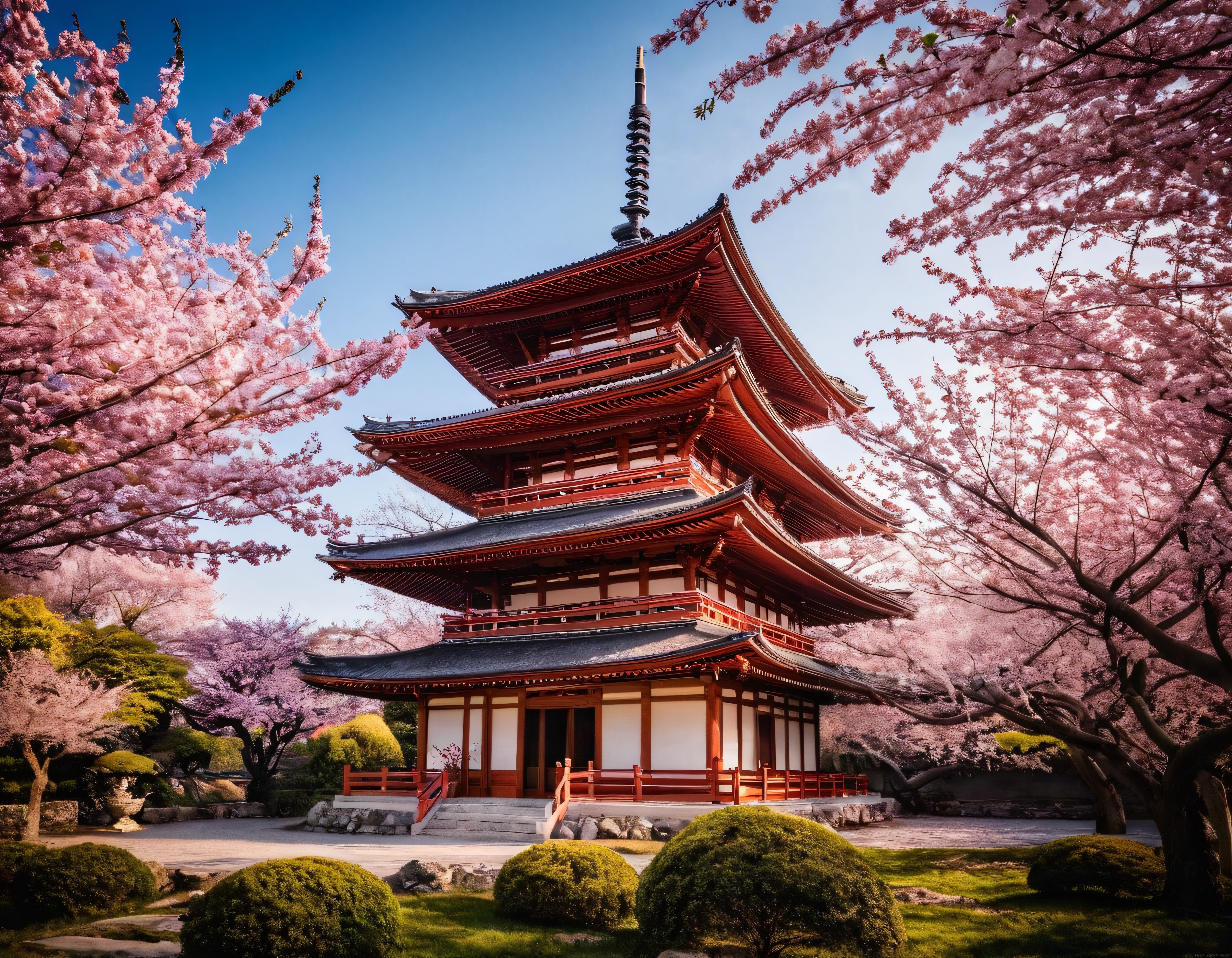Japon Mimarisi: Kiraz Çiçekleri Arasında Geleneksel Pagoda ve Bahar Güzelliği