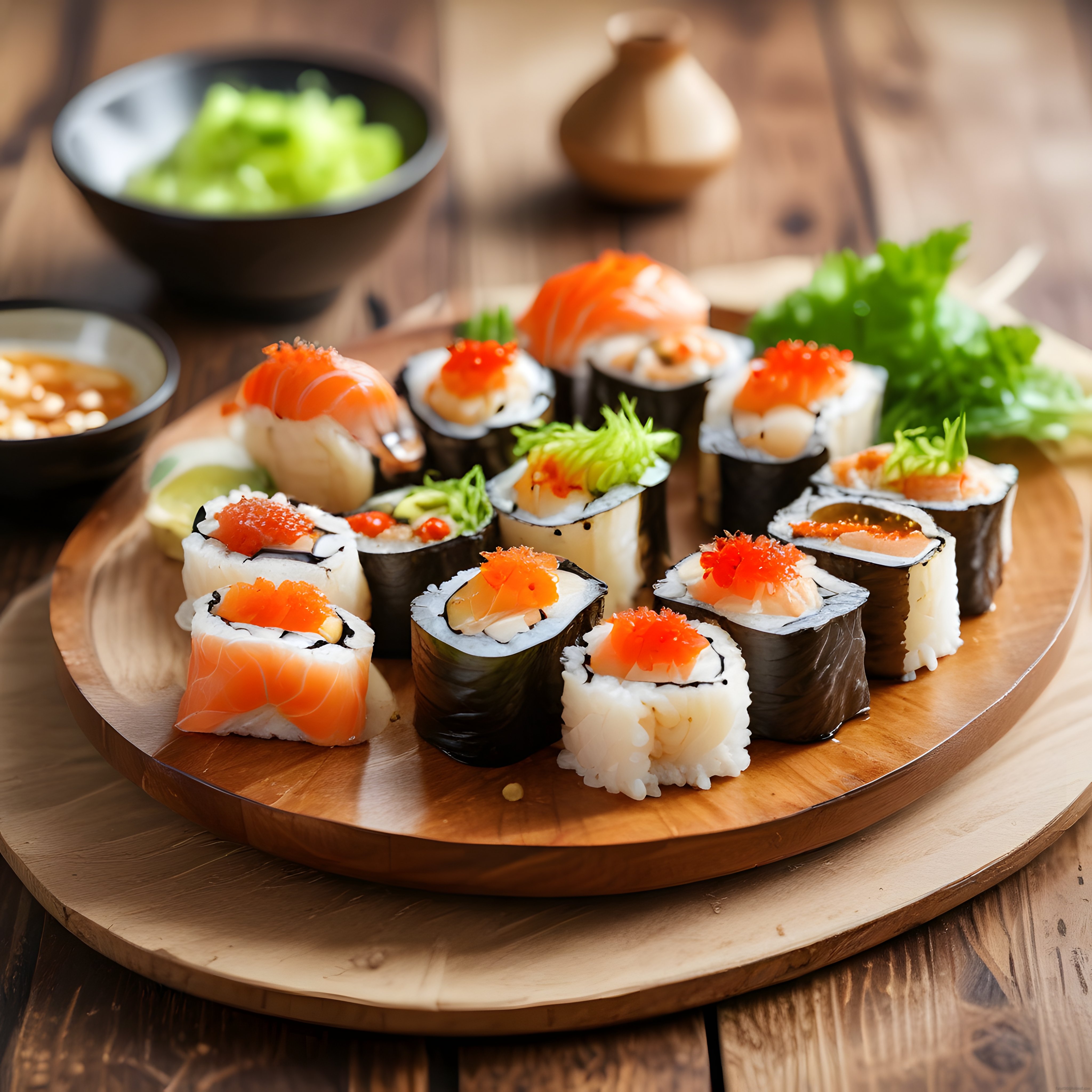 Japon Mutfağından Çeşitli Sushi, Somon Nigiri ve Kırmızı Havyarlı Rulolar