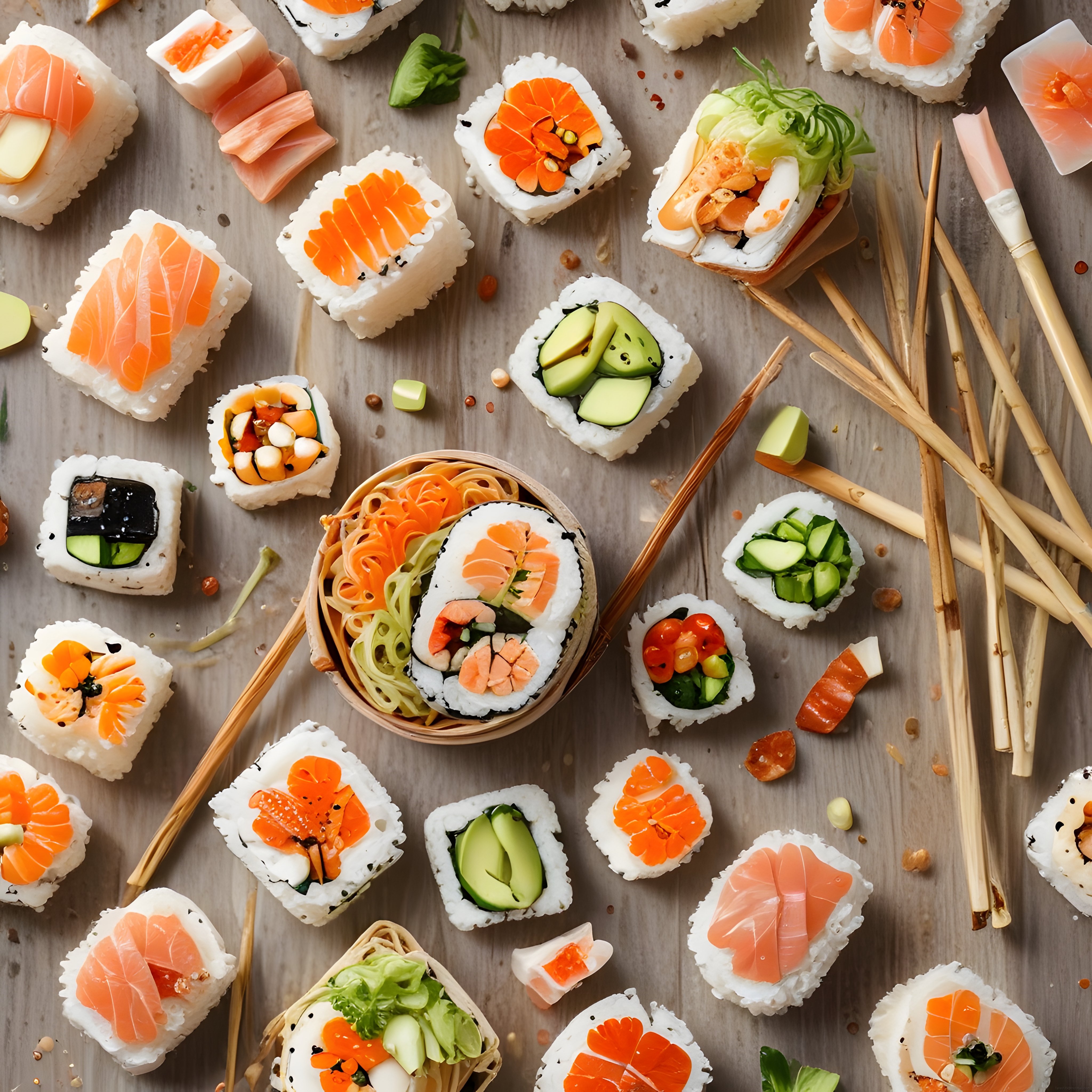 Japon Mutfağından Eşsiz Tatlar: Ahşap Üzerinde Somonlu ve Avokadolu Sushi