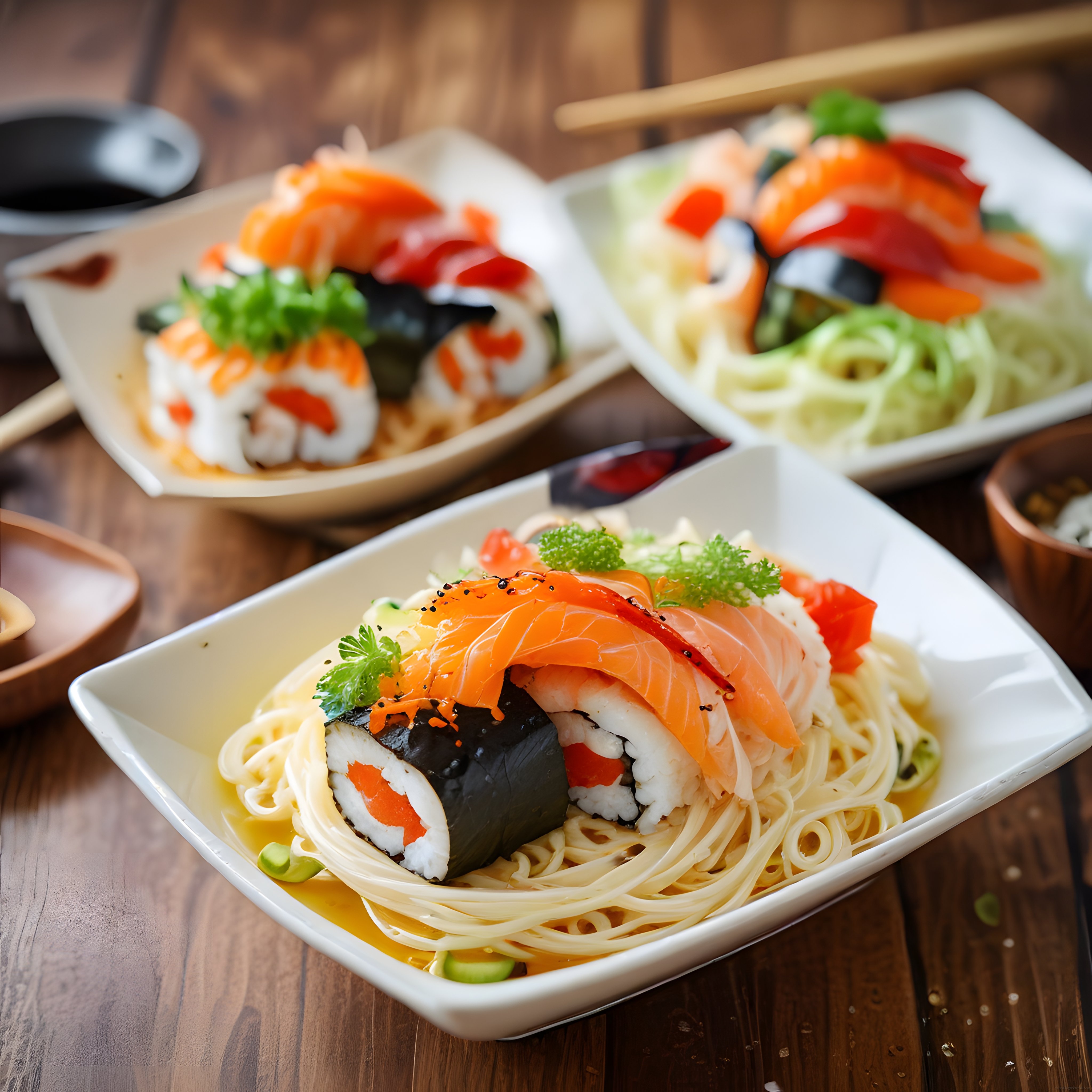 japon mutfağından ilham alan şık sunumlu sushi ve spagetti füzyon tabakları