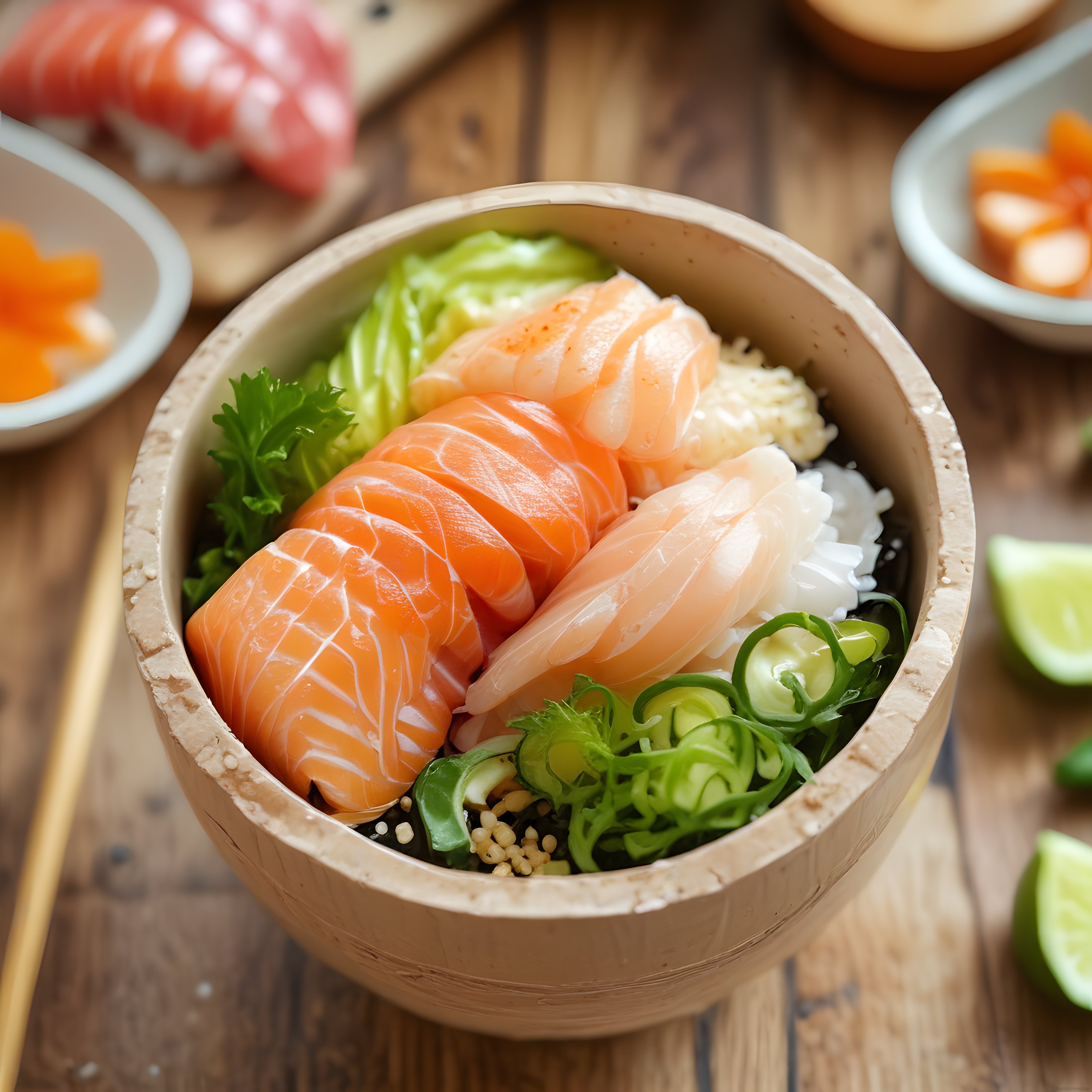Japon Mutfağından Ilham Alan Taze Somon Sashimi ve Sebze Süslemeli Poke Bowl Sunumu