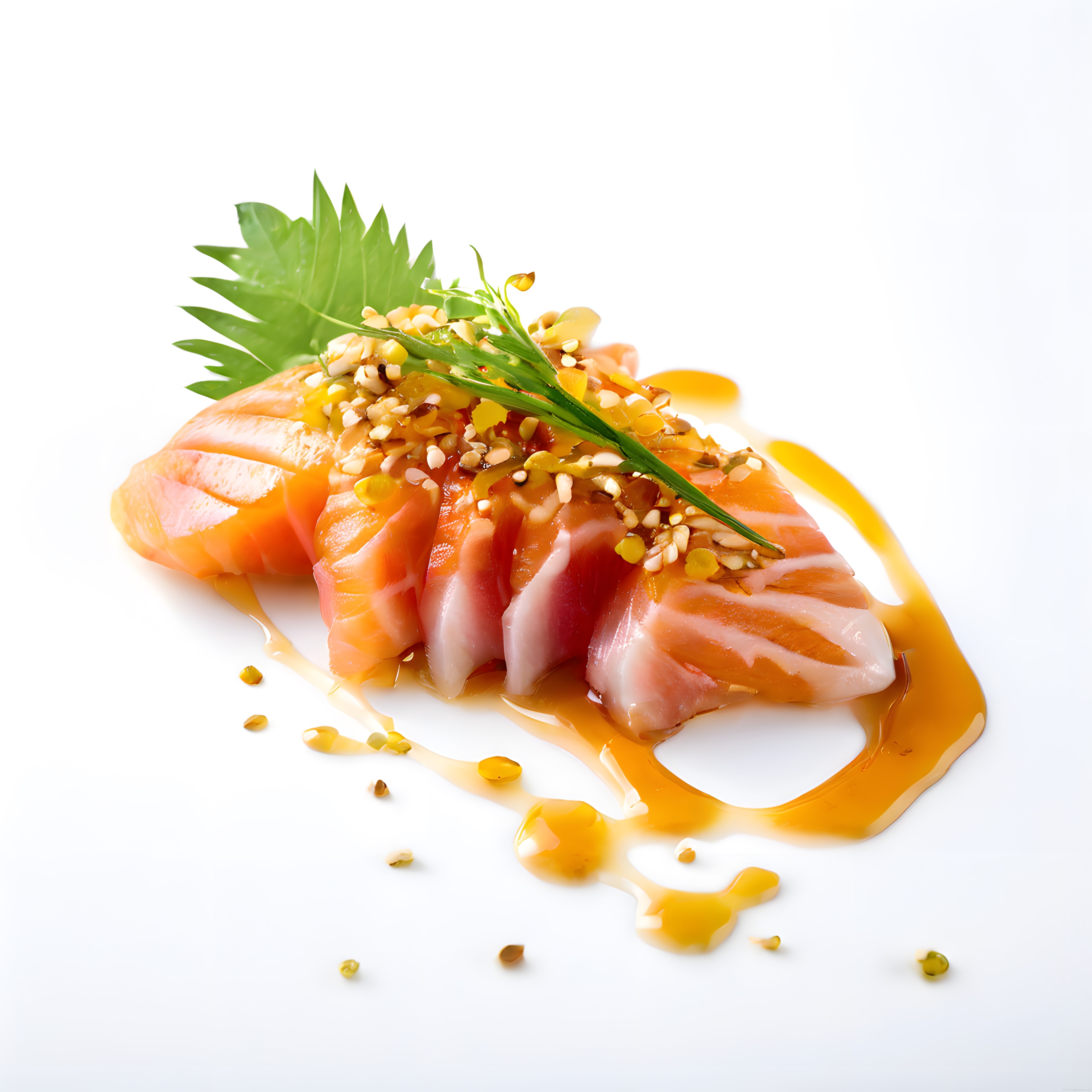 Japon mutfağından özenle hazırlanmış susamlı somon sashimi ve özel sos sunumu