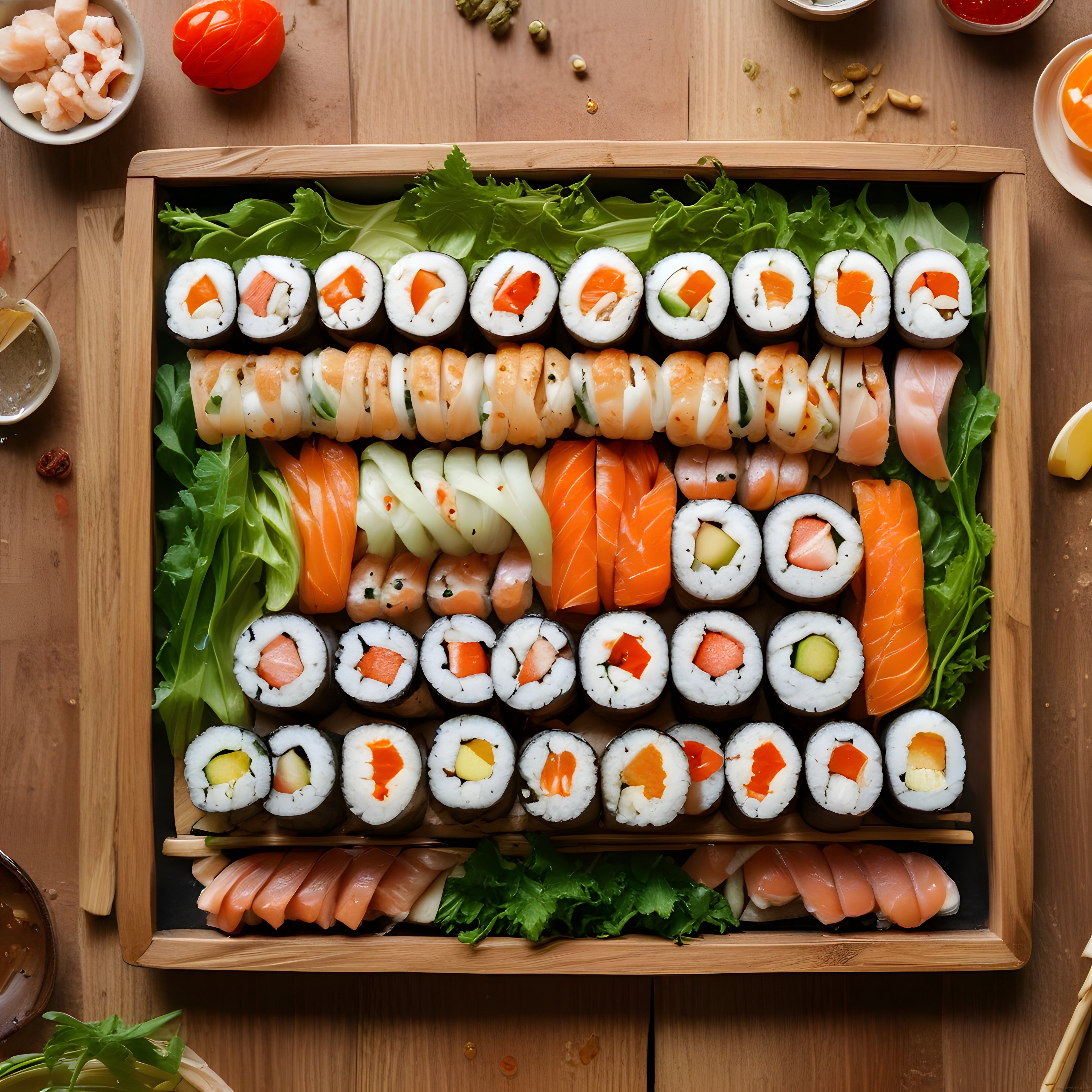 Japon mutfağından özenle hazırlanmış sushi çeşitleri ve somon nigiri tabağı
