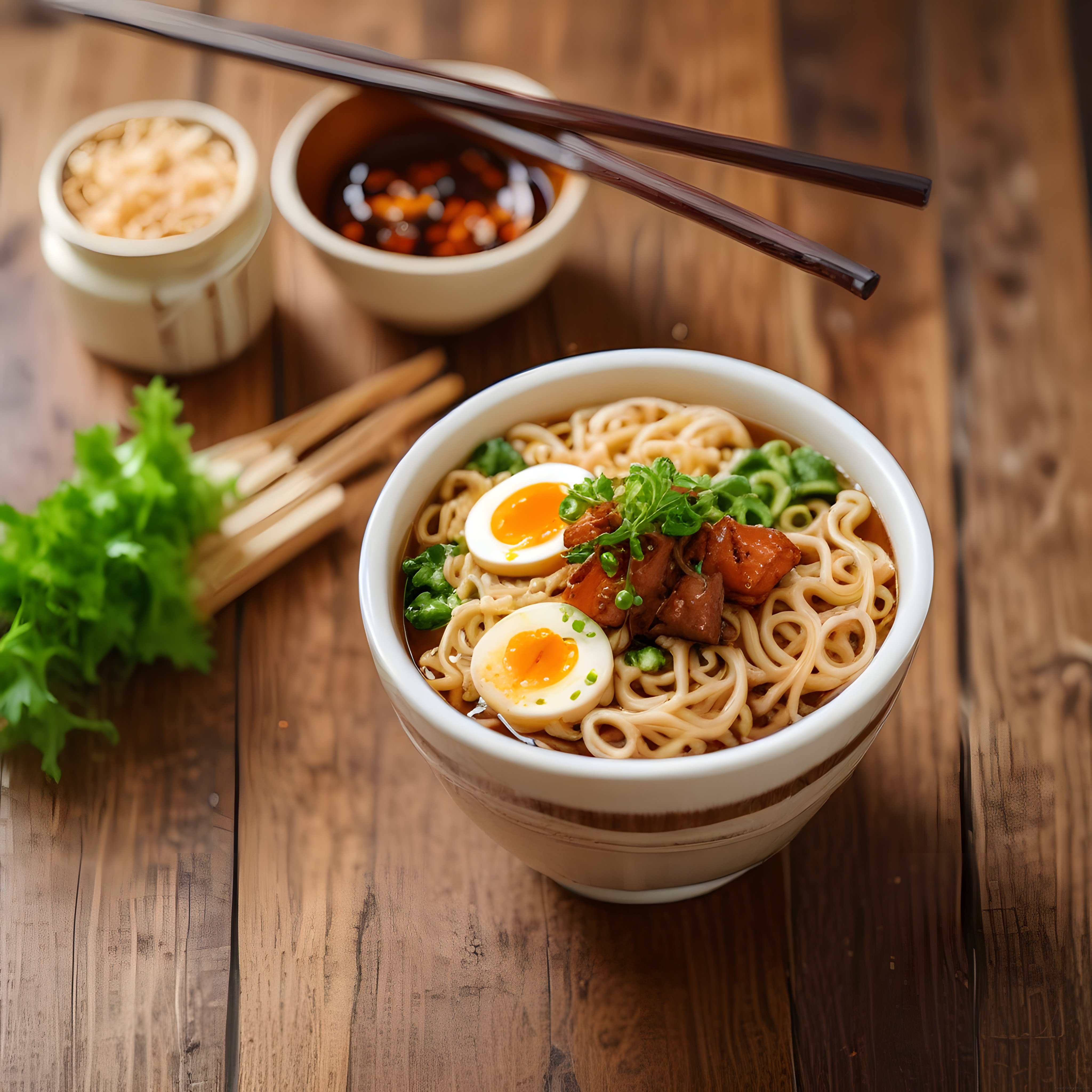 Japon Mutfağından Ramen Çorbası: Ahşap Sunumda Yumurtalı ve Etli Noodle Kasesi