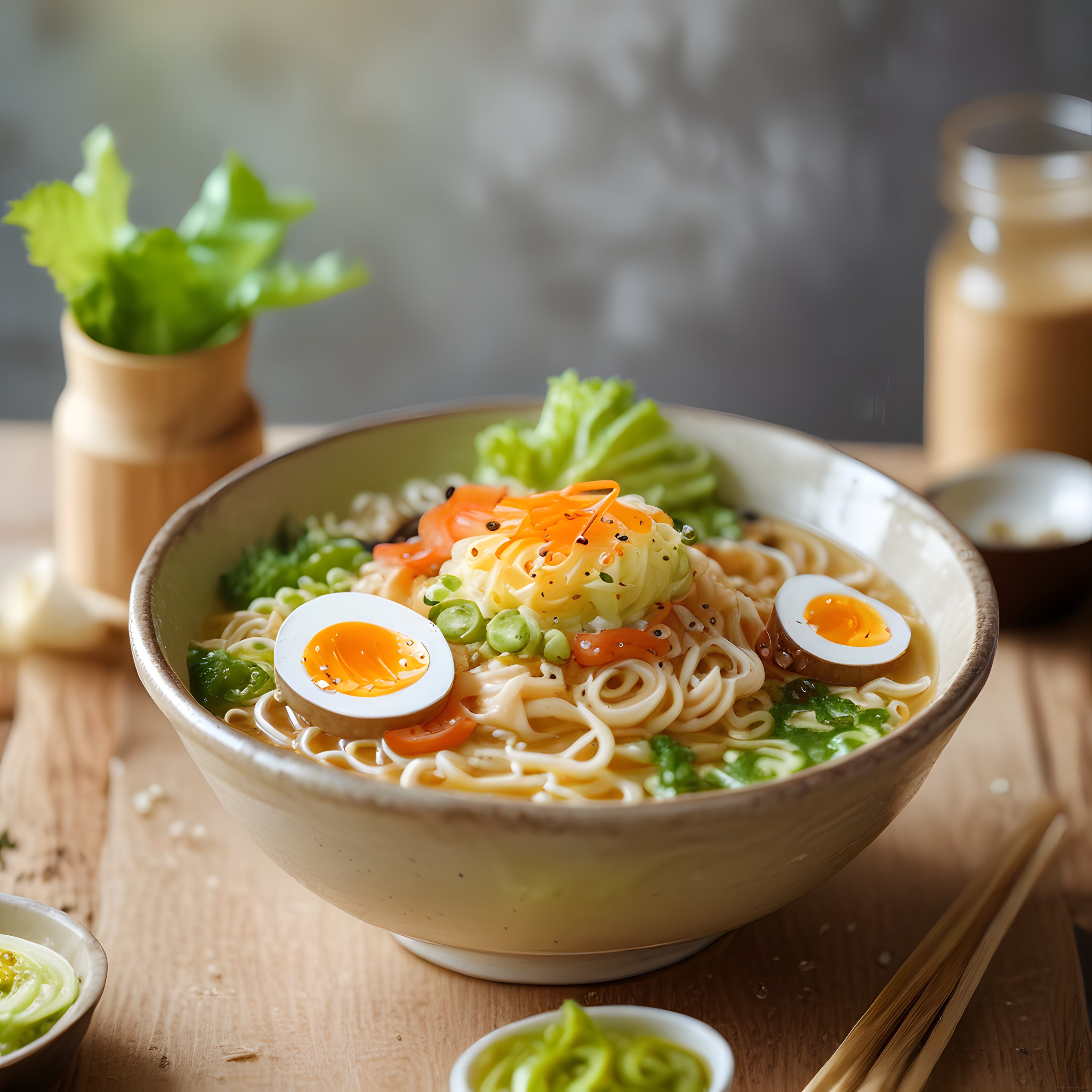 Japon Mutfağından Sıcacık Ramen Kasesi Buğulu Erişte ve Yarım Pişmiş Yumurta