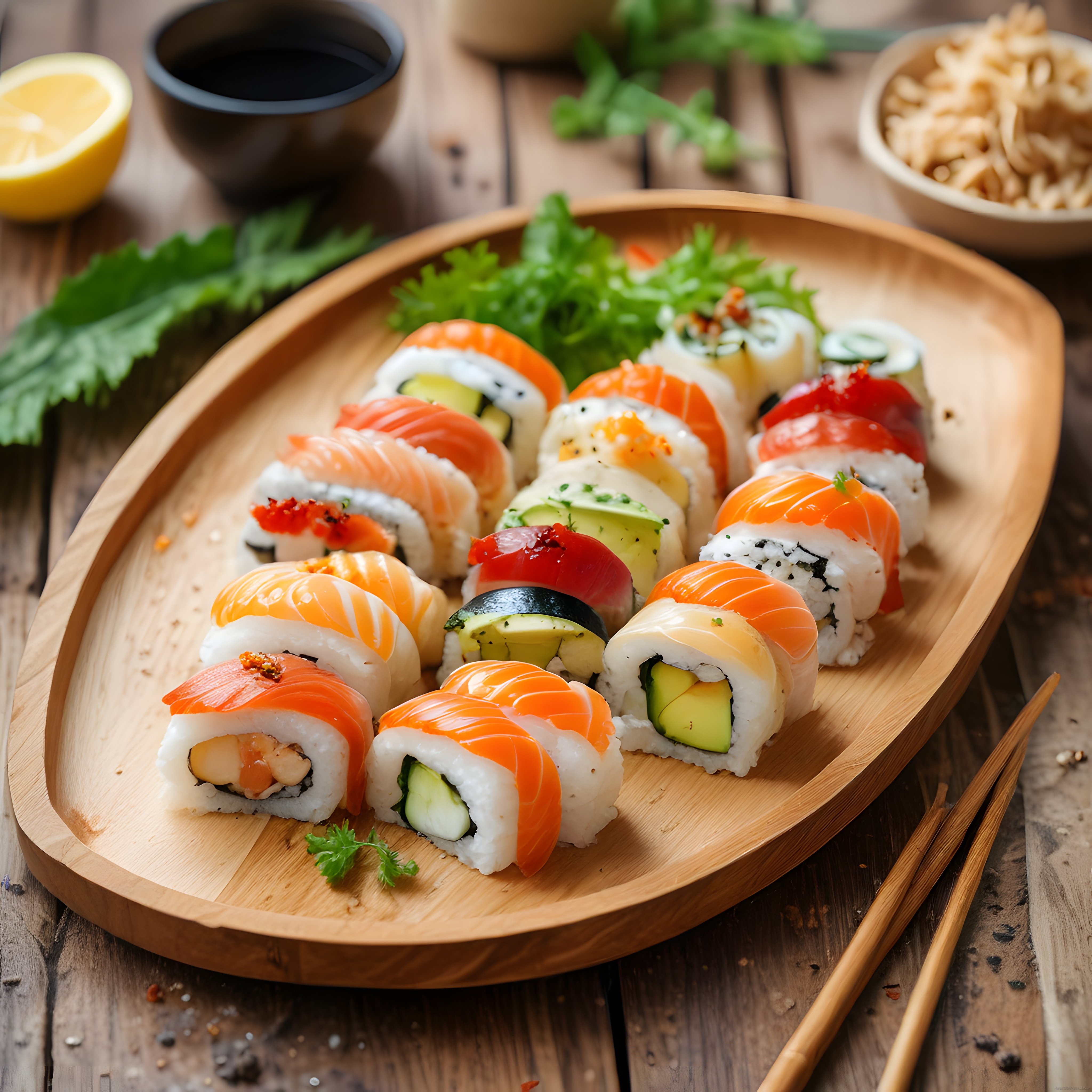 Japon Mutfağından Taze Salmonlu ve Avokadolu Çeşitli Sushi Sunumu