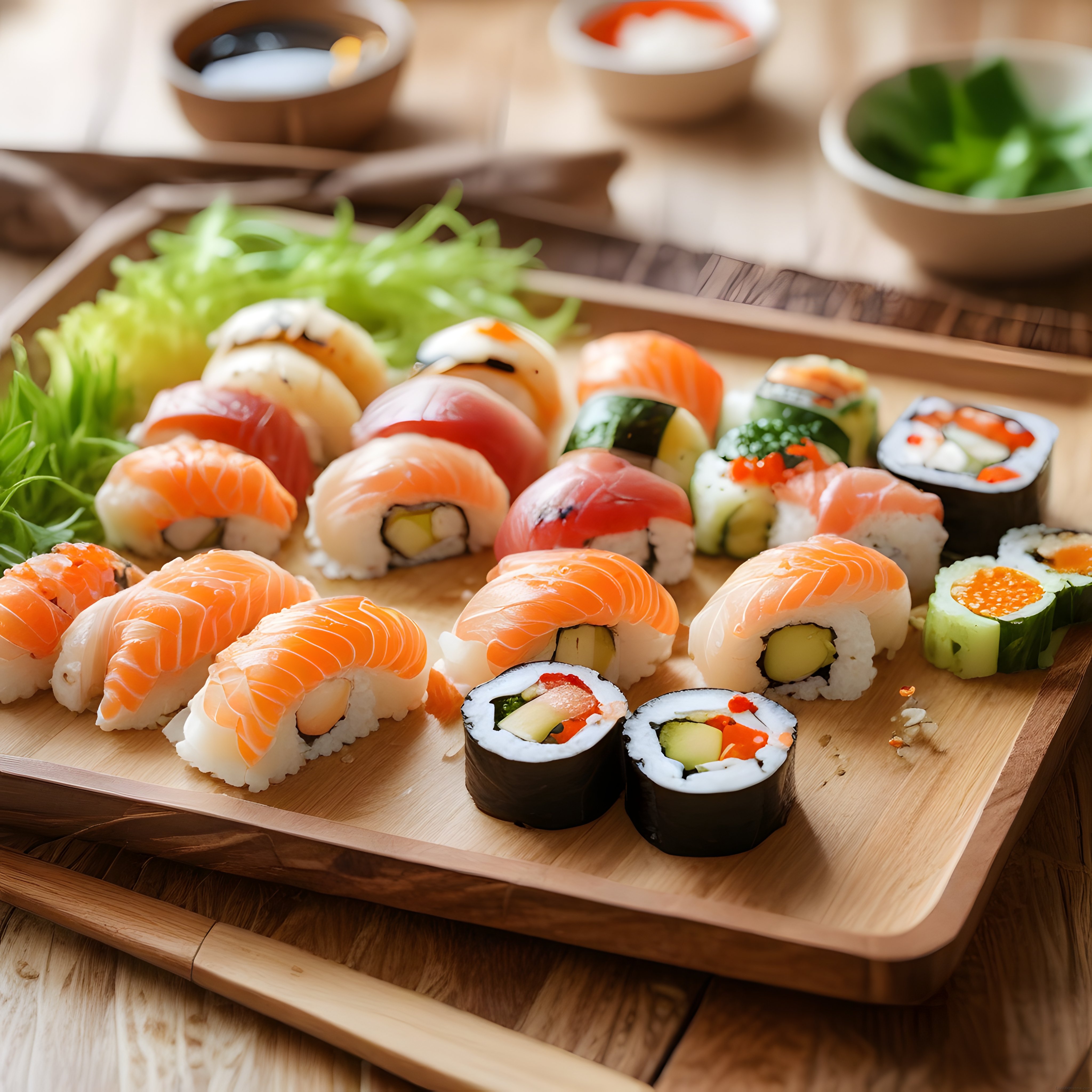 Japon Mutfağından Taze Somon Nigiri ve Avokadolu Maki Çeşitleri Sunumu