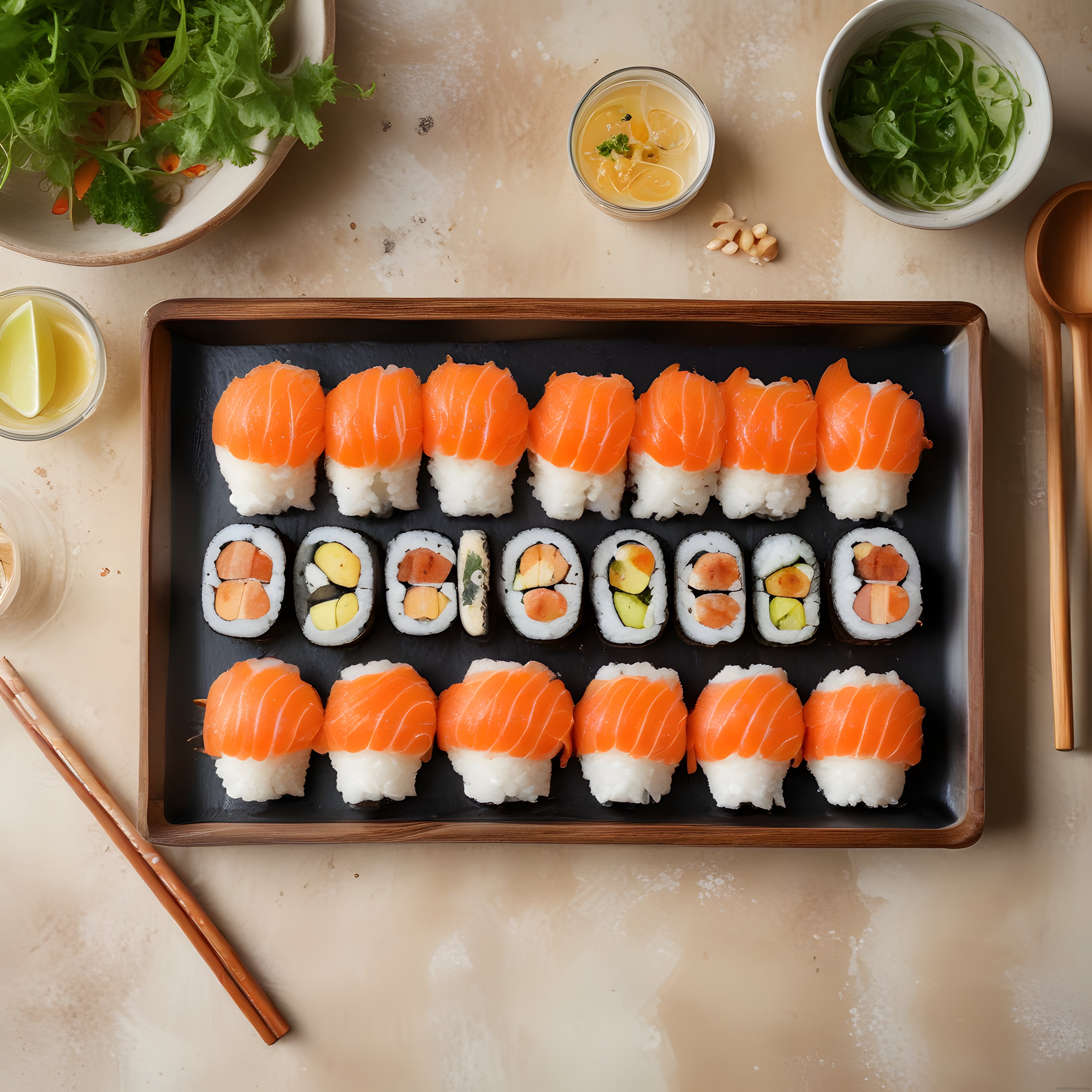 Japon Mutfağından Taze Somon Nigiri ve Çeşitli Maki Sushi Sunumu Tabağı