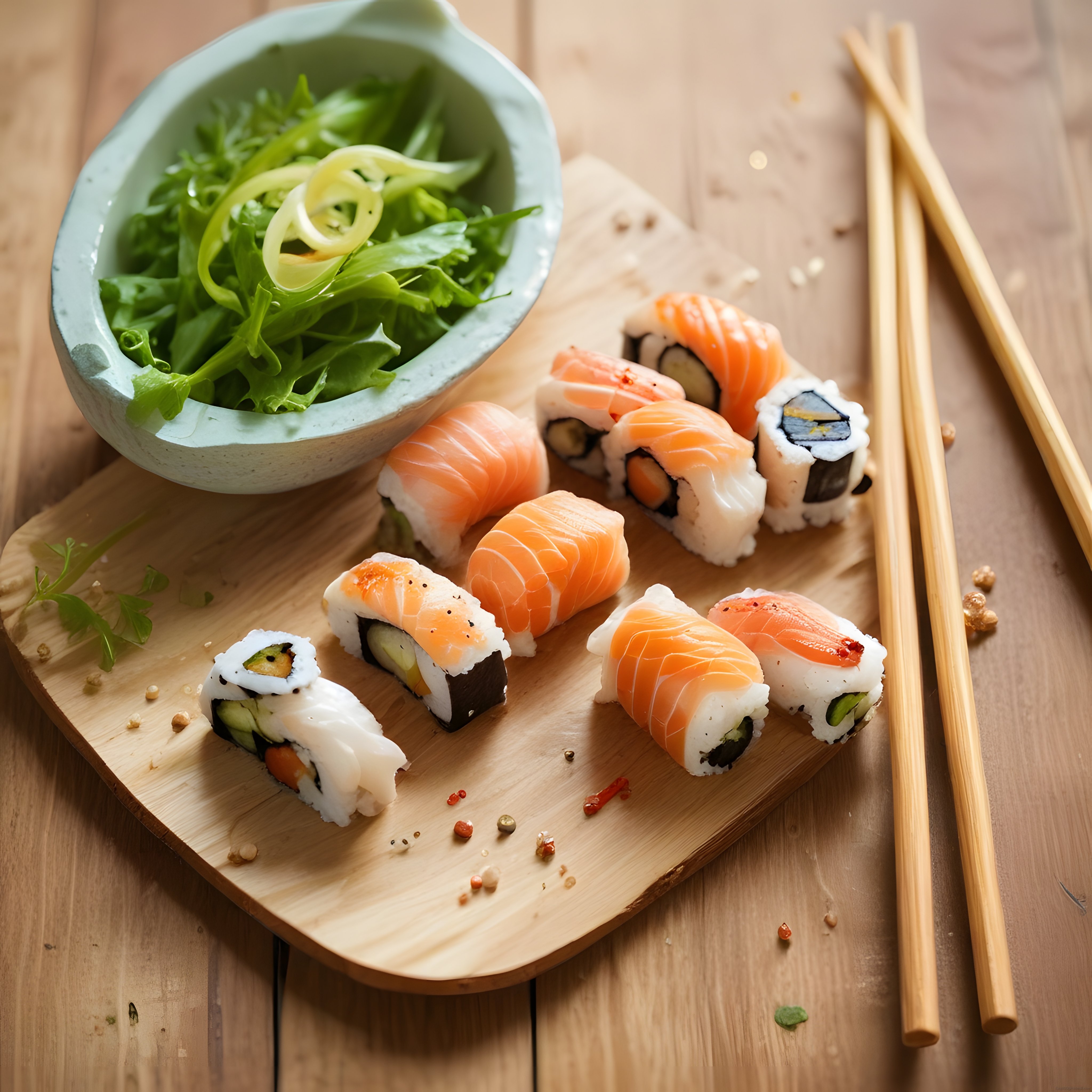Japon Mutfağından Taze Somonlu Sushi Çeşitleri ve Roka Salatası Sunumu