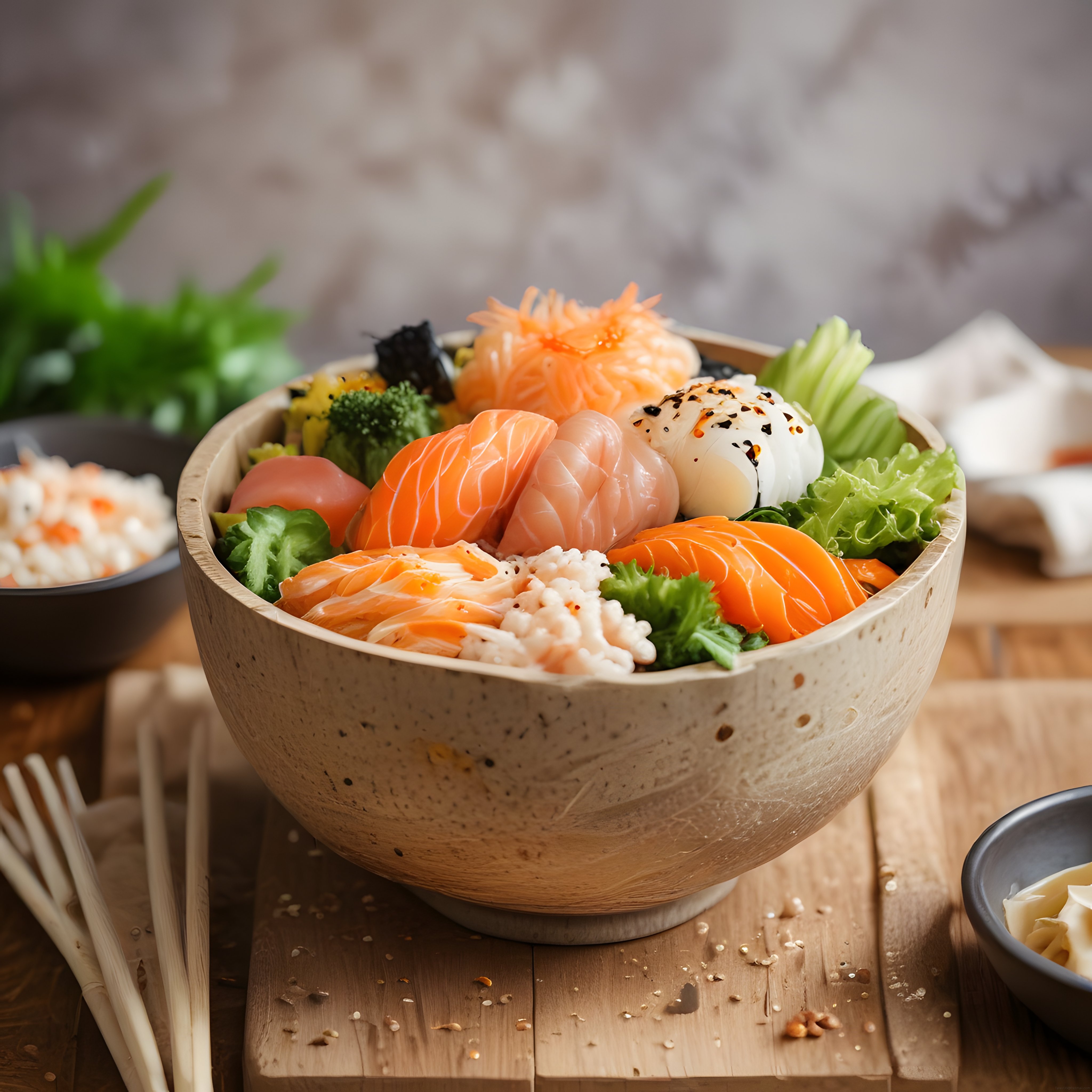 Japon Mutfağından Taze Somonlu ve Avokadolu Sağlıklı Poke Bowl Kasesi