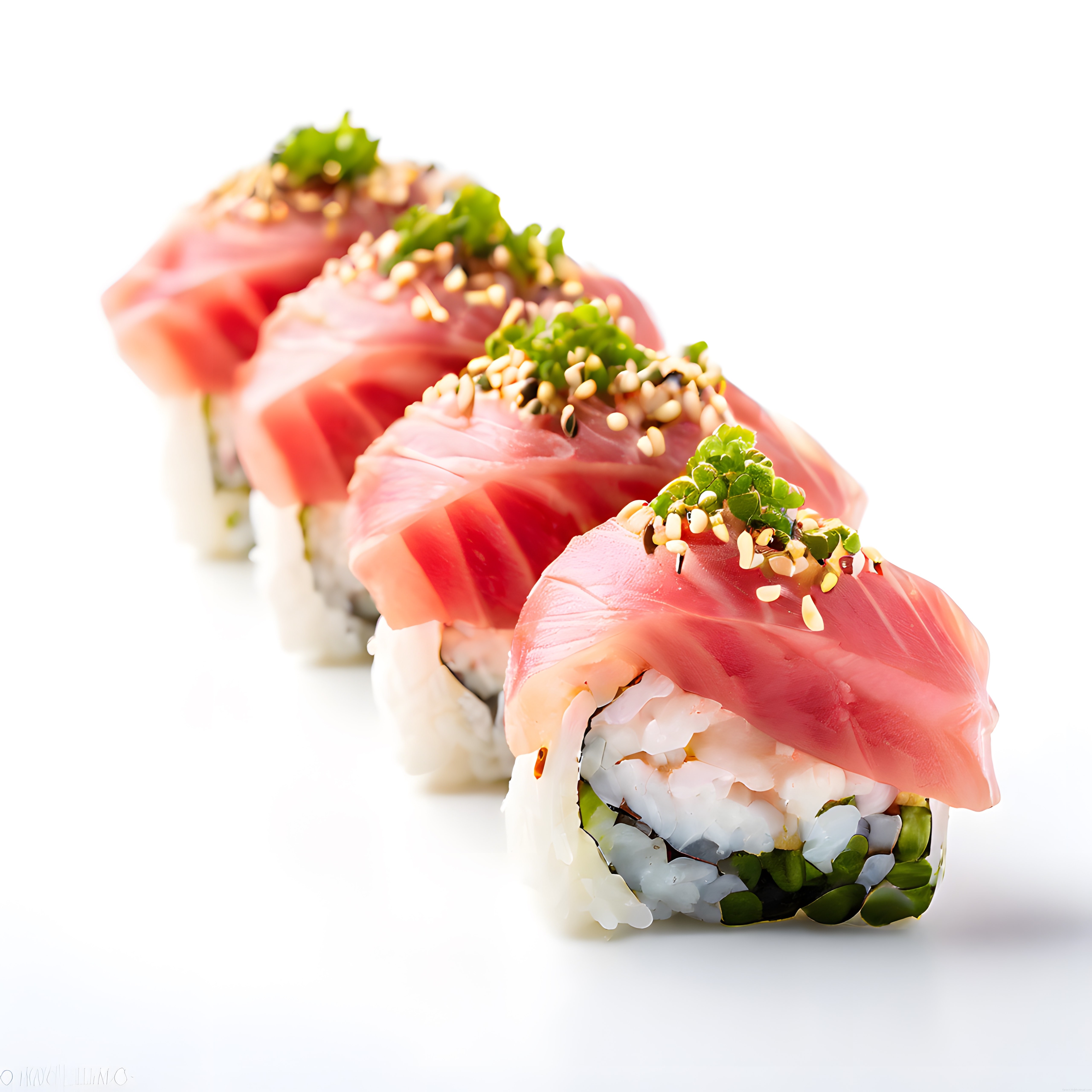 Japon Mutfağından Taze Ton Balıklı Sushi Ruloları Mikro Yeşillik ve Susamla