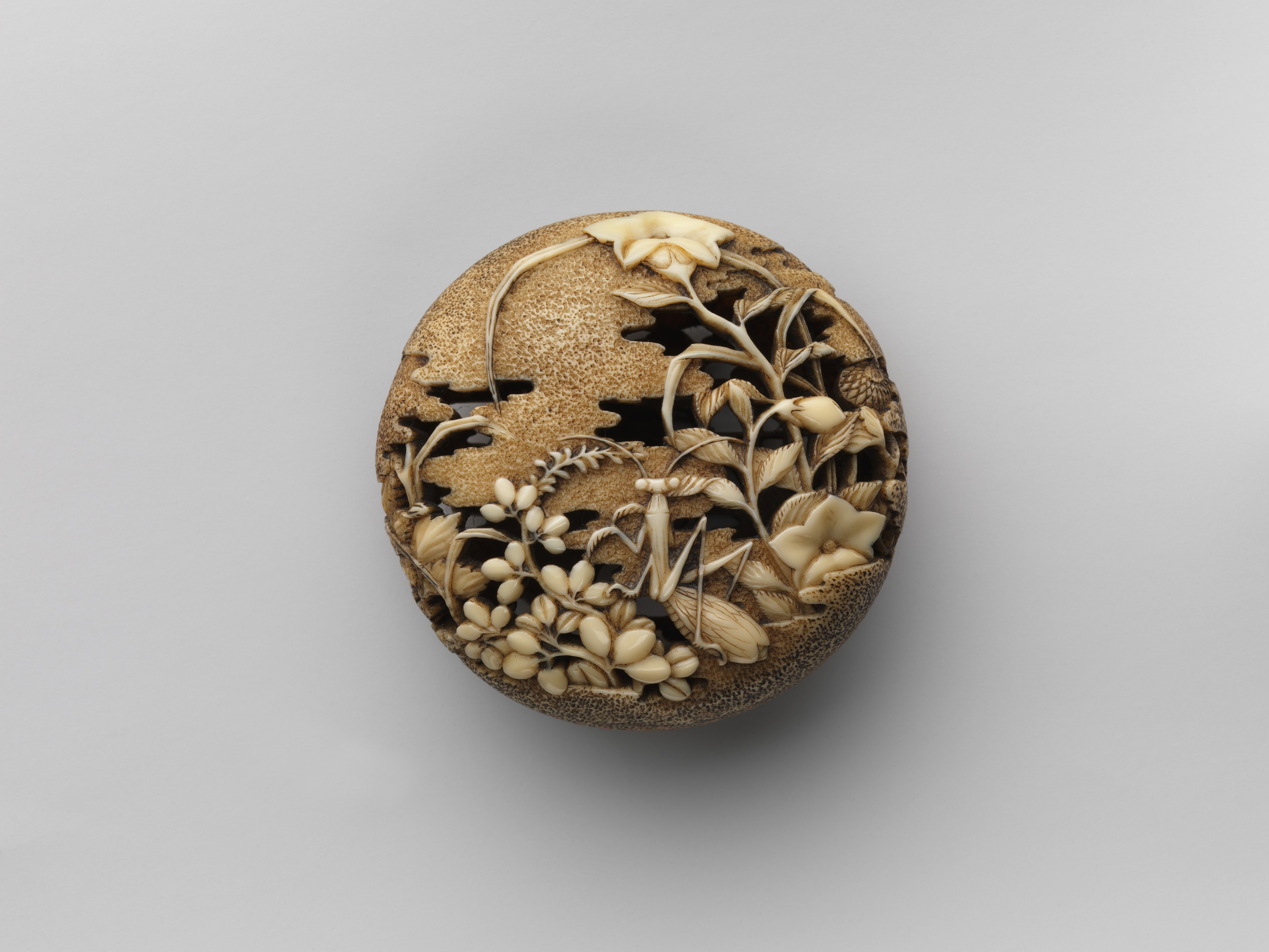 Japon Netsuke Sanatı: Çiçek ve Peygamber Devesi Motifli Detaylı Fildişi Oyma