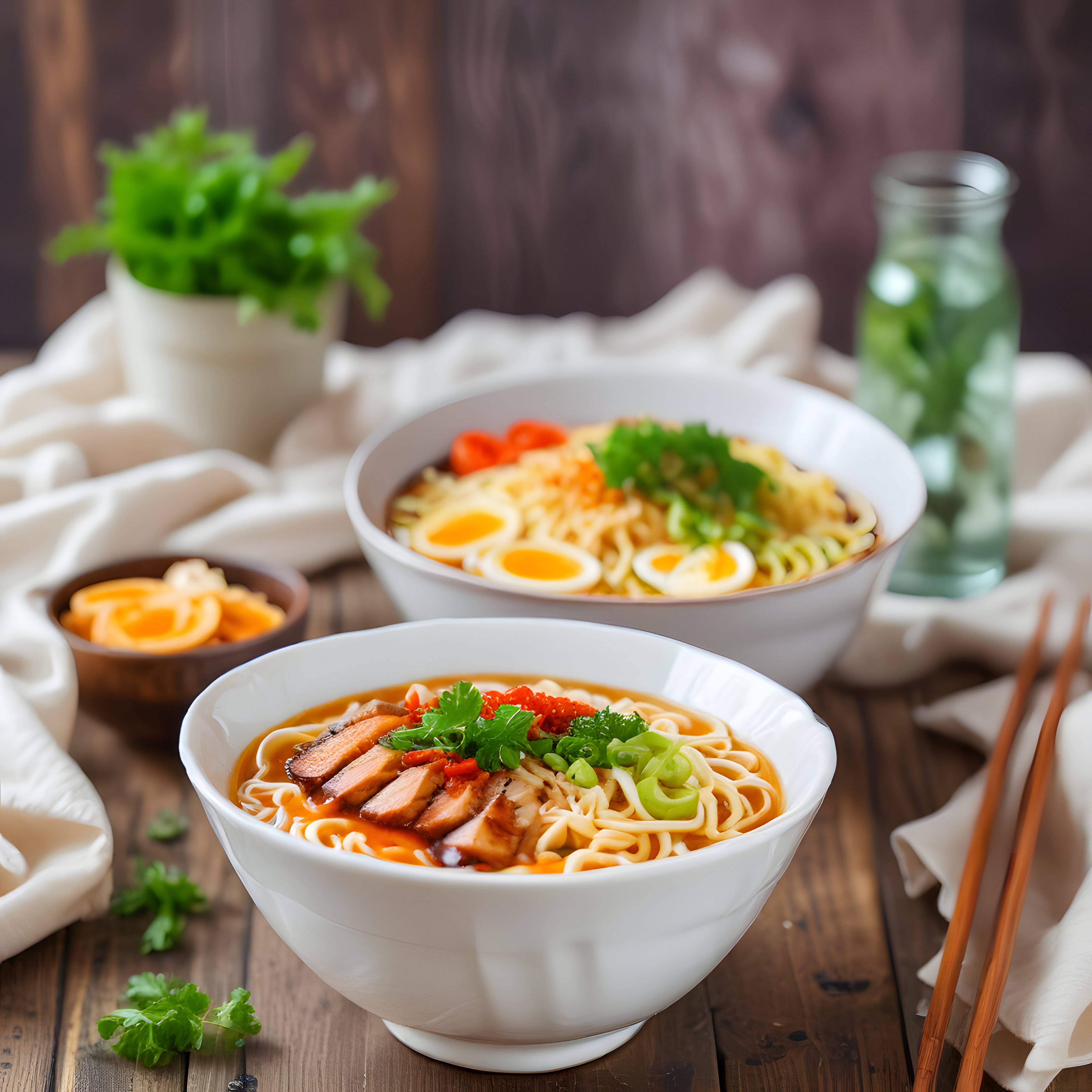 Japon Ramen Çorbası: Ahşap Masada İki Kase Lezzetli Noodle ve Taze Garnitürler