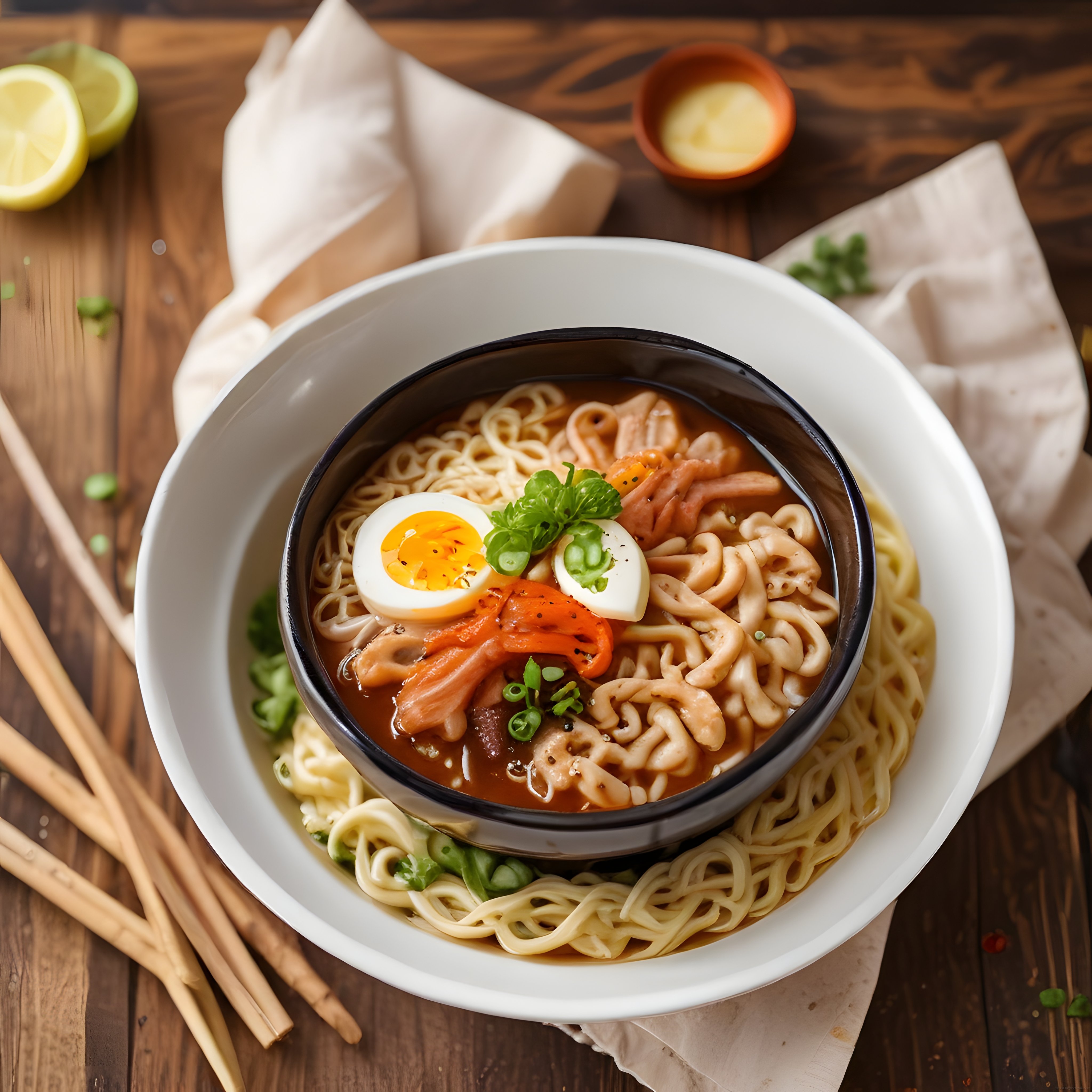 japon ramen çorbası ahşap masada yumurta mantar ve sebze sunumu