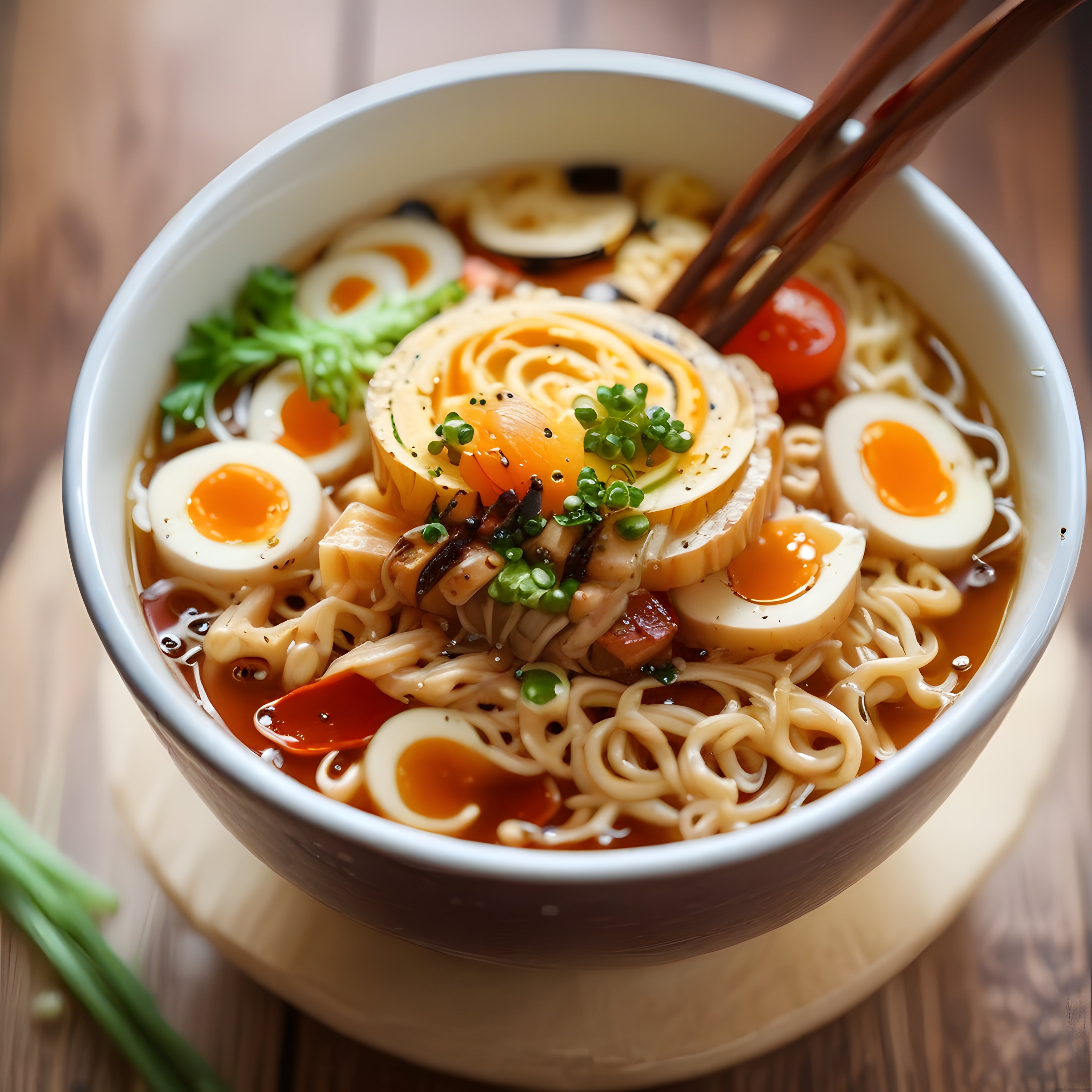 Japon Ramen Çorbası: Ahşap Masada Yumurta ve Erişte ile Geleneksel Lezzet