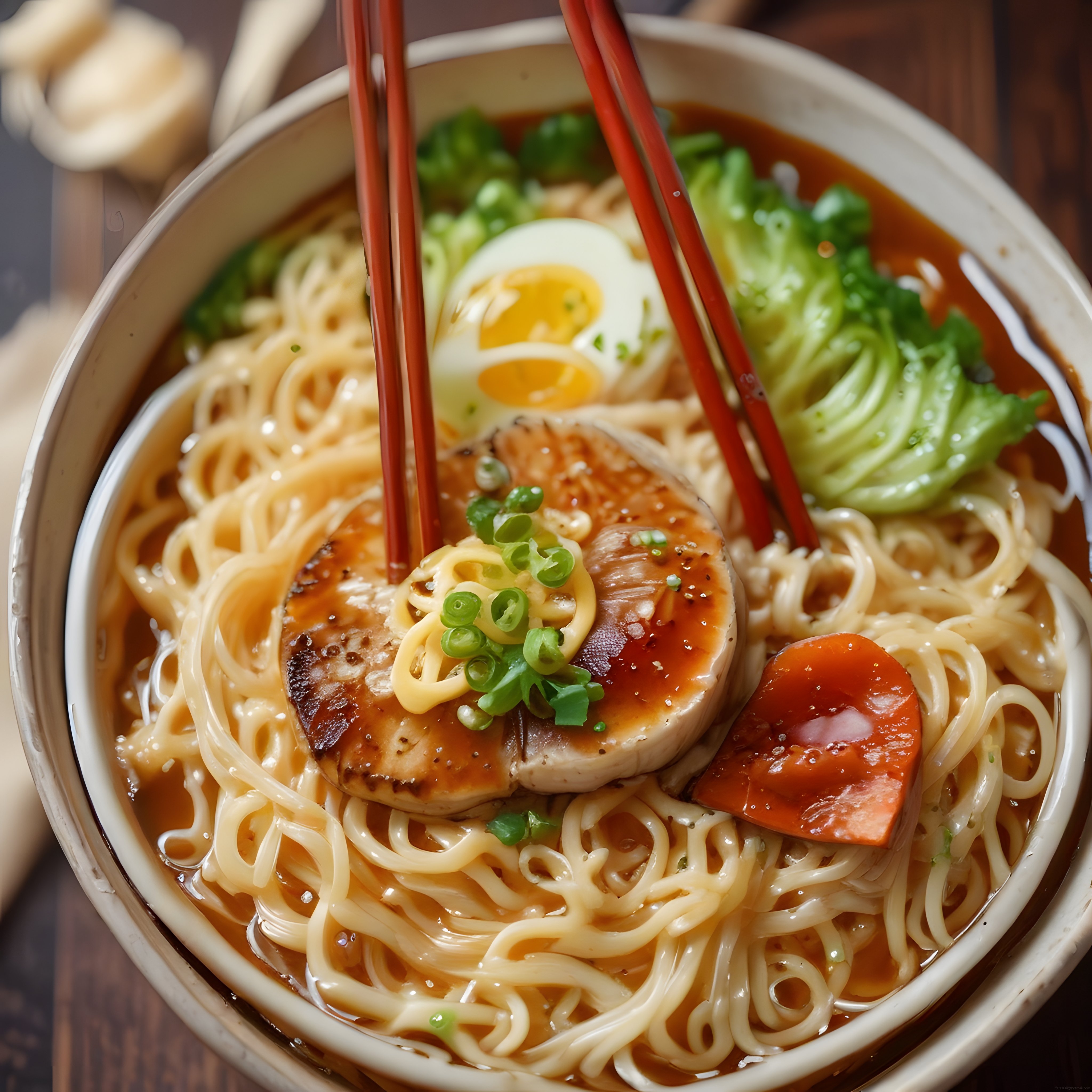 Japon Ramen Çorbası: Baharatlı Et Suyu, Erişte, Yumurta ve Sebzeli Nefis Sunum