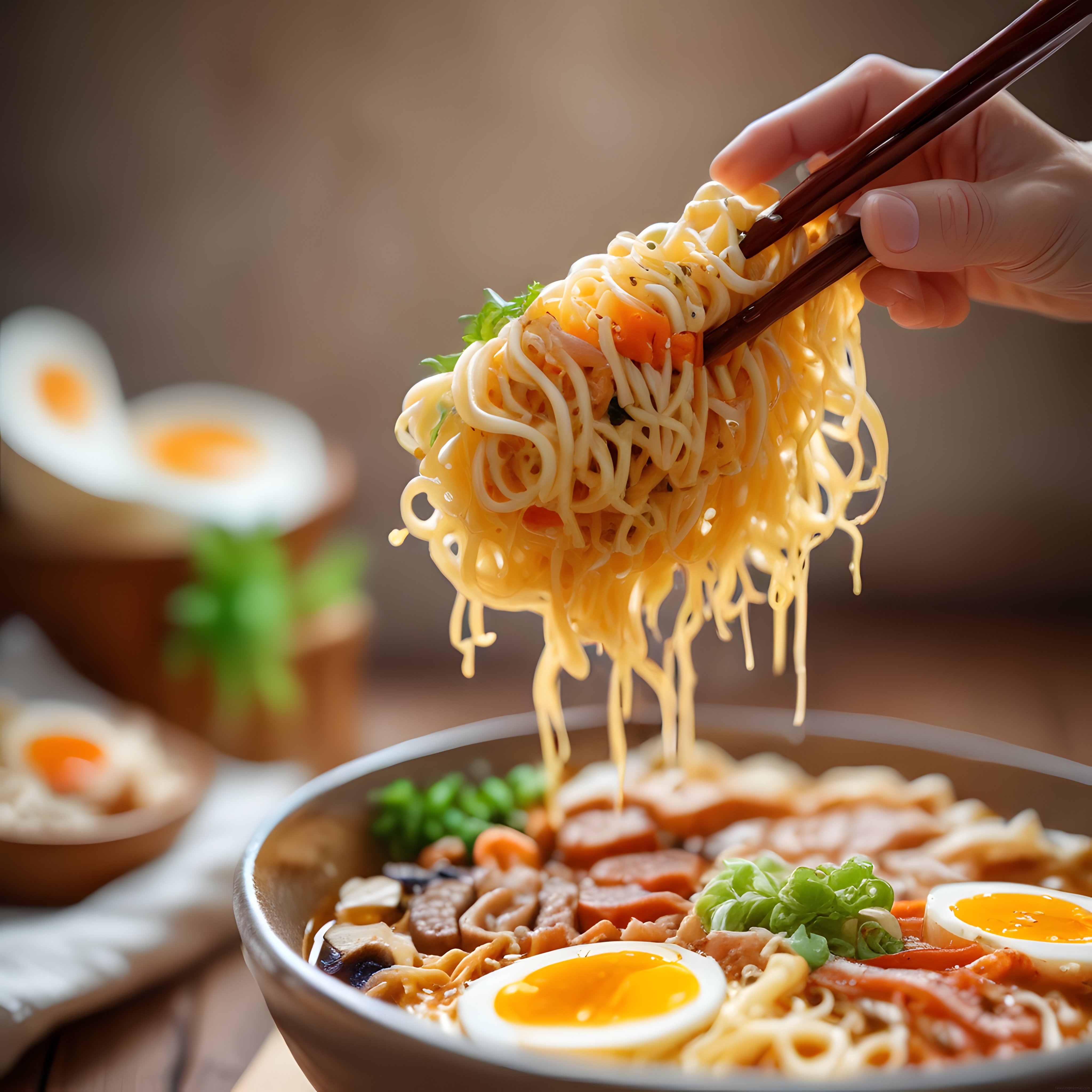 Japon Ramen Çorbası: Hashi ile Kaldırılmış Erişte ve Yumurta ile Nefis Sunum