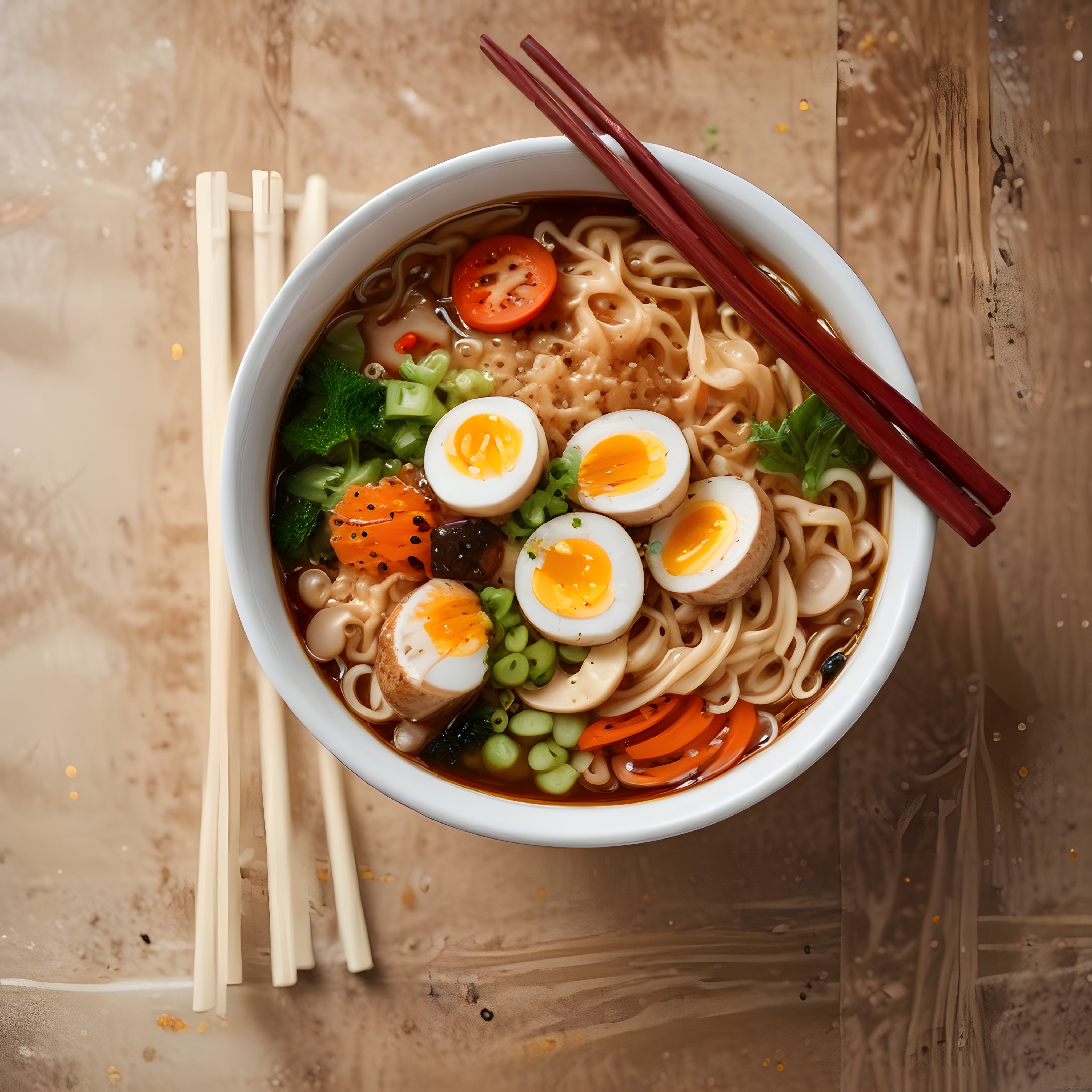 Japon Ramen Çorbası: Yarı Pişmiş Yumurta, Brokoli ve Mantarla Geleneksel Sunum
