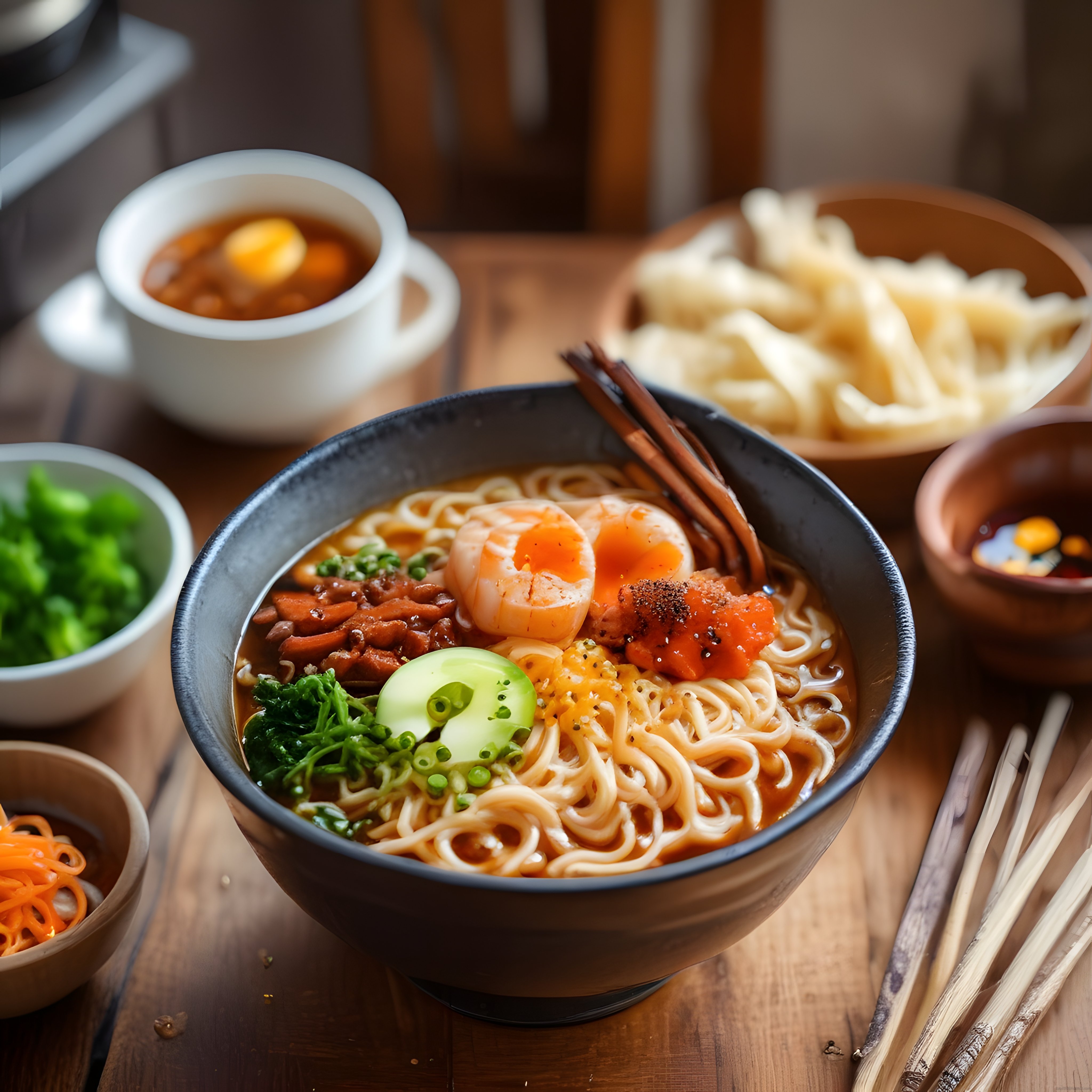 Japon Ramen Çorbası, Yumurta ve Karidesle Sunulan Noodle Lezzeti