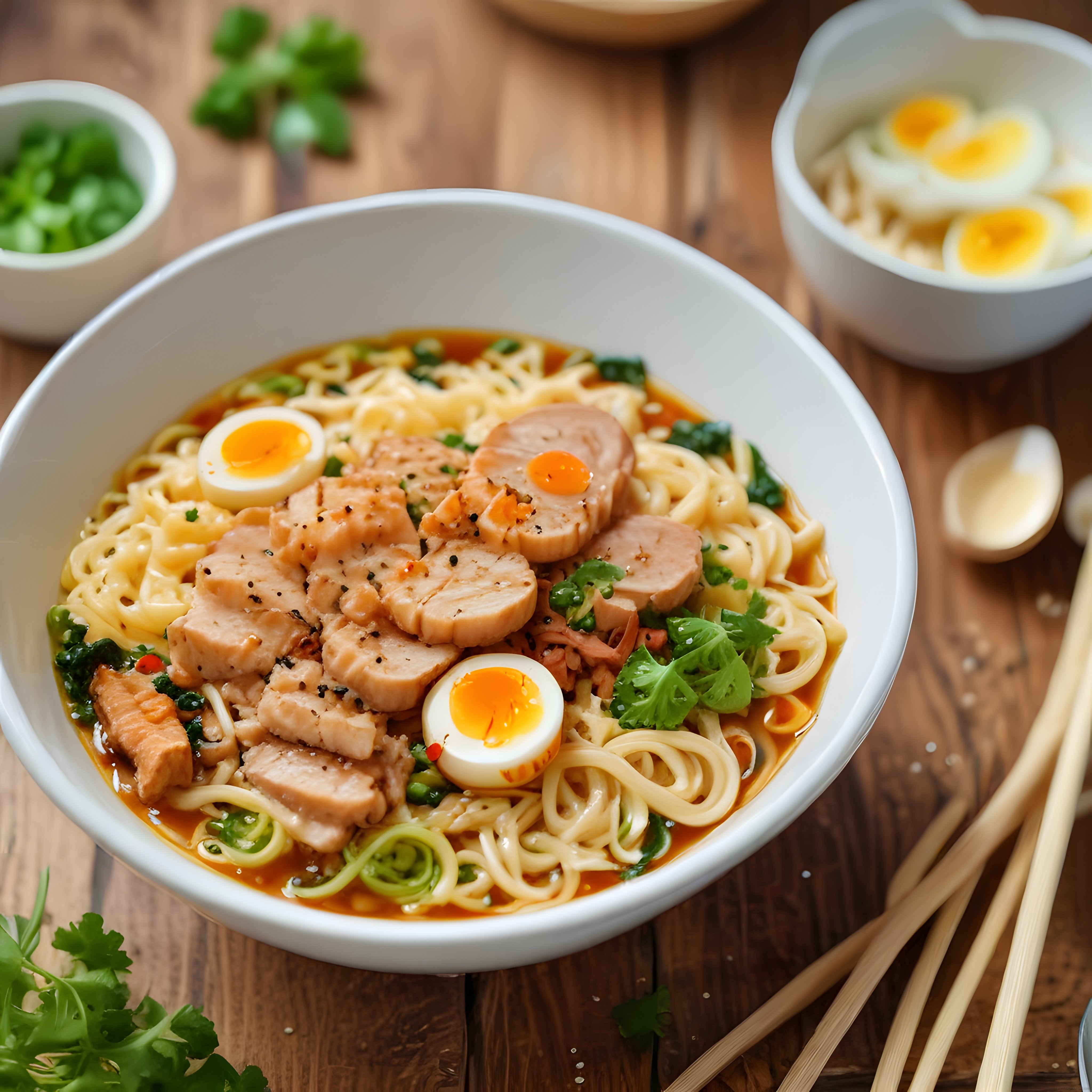 Japon ramen çorbası, yumuşak yumurtalı ve baharatlı etli noodle kasesi