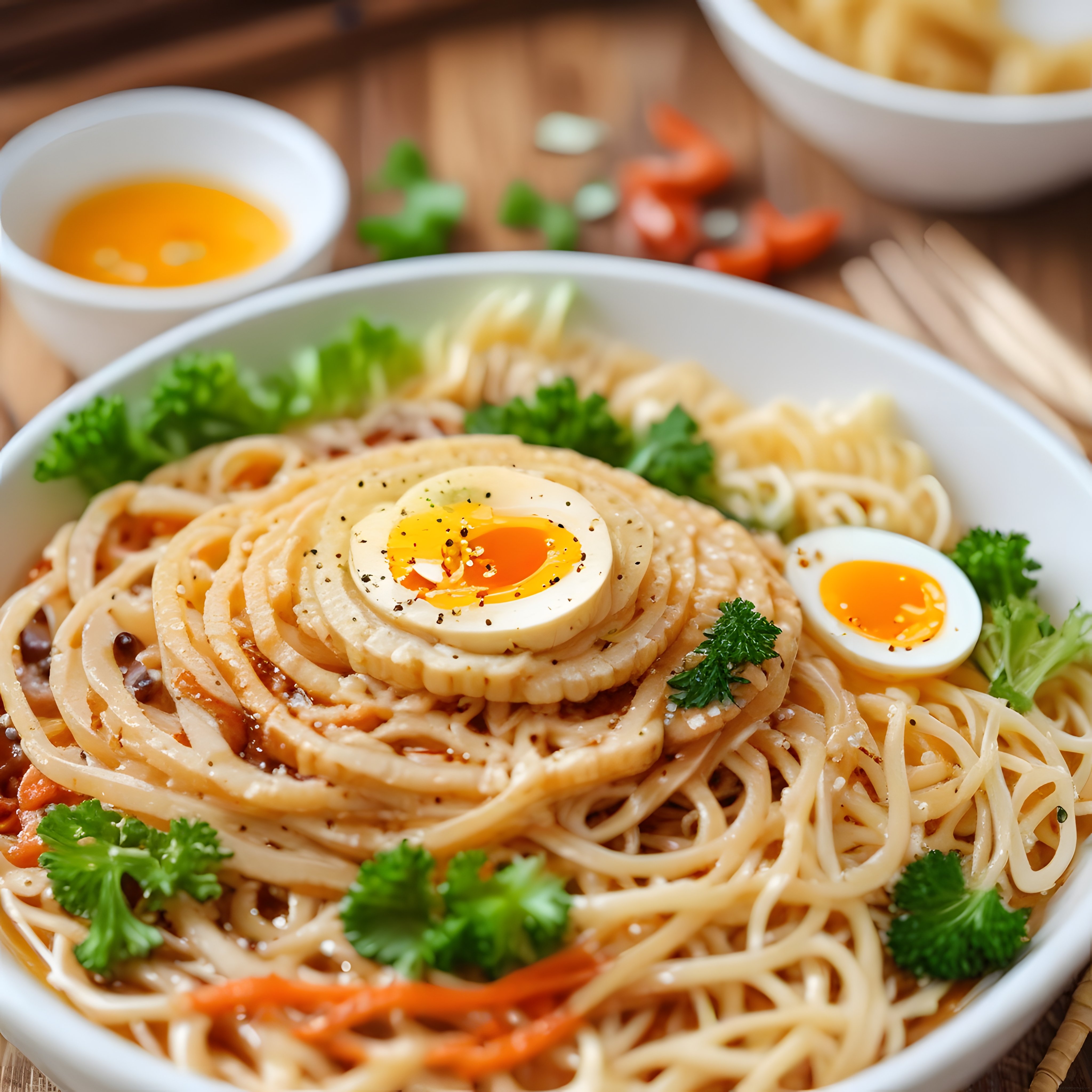 Japon Ramen Kasesi: Yumuşak Haşlanmış Yumurta ve Taze Sebzelerle Noodle Çorbası