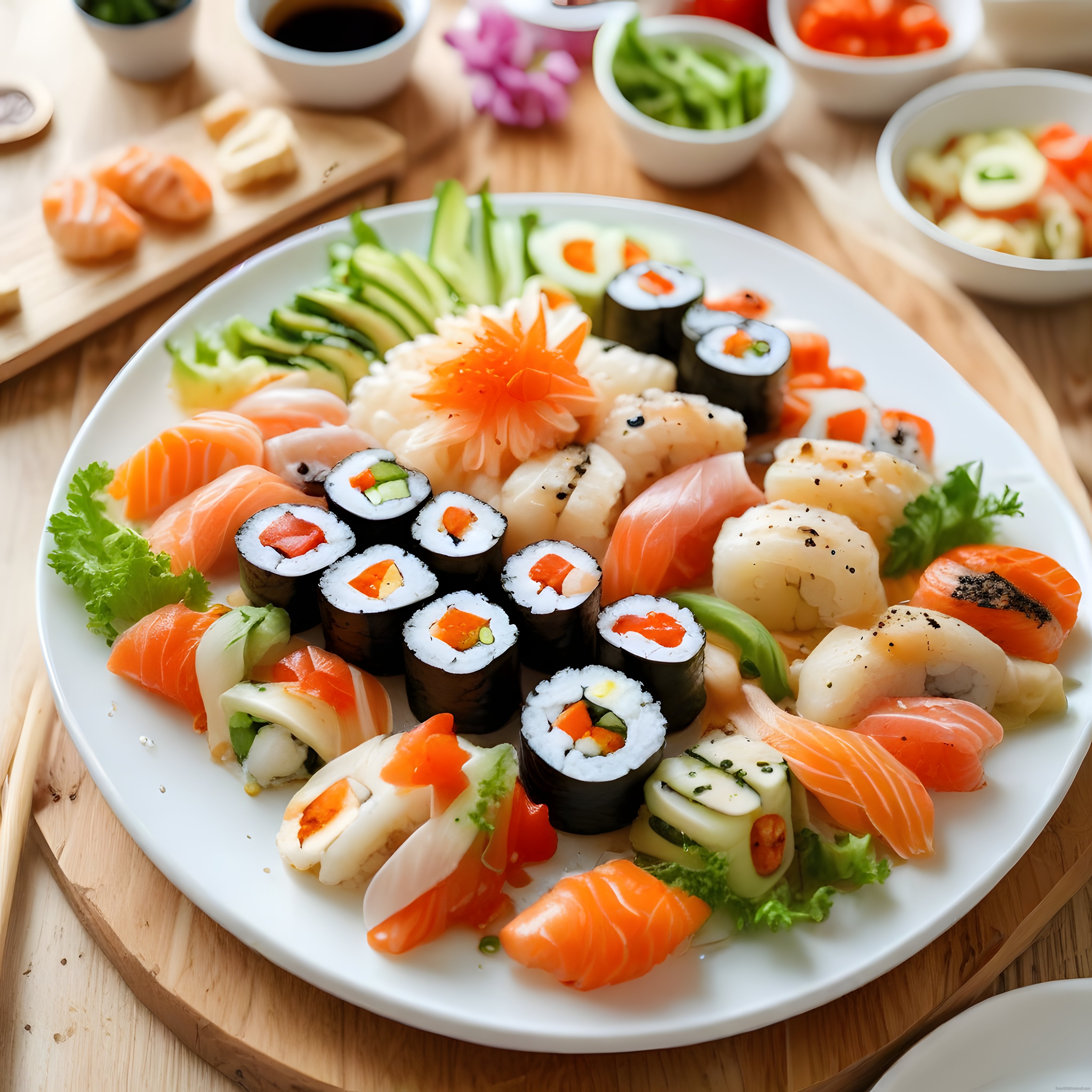 Japon restoranı sunumuyla taze somon nigiri ve avokadolu sushi tabağı