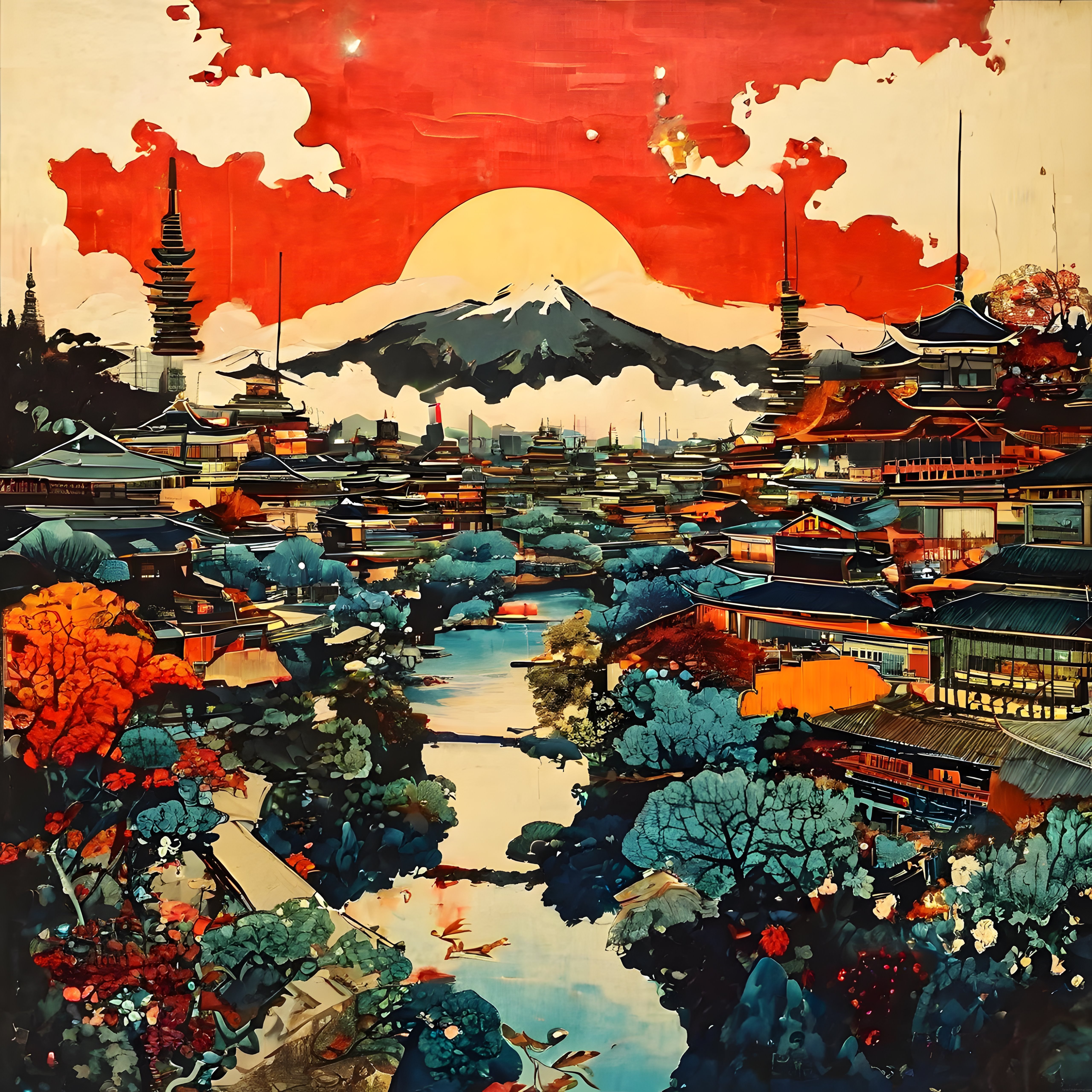 Japon Şehri Manzarası: Gün Batımında Pagodalar, Fuji Dağı ve Sonbahar Renkleri