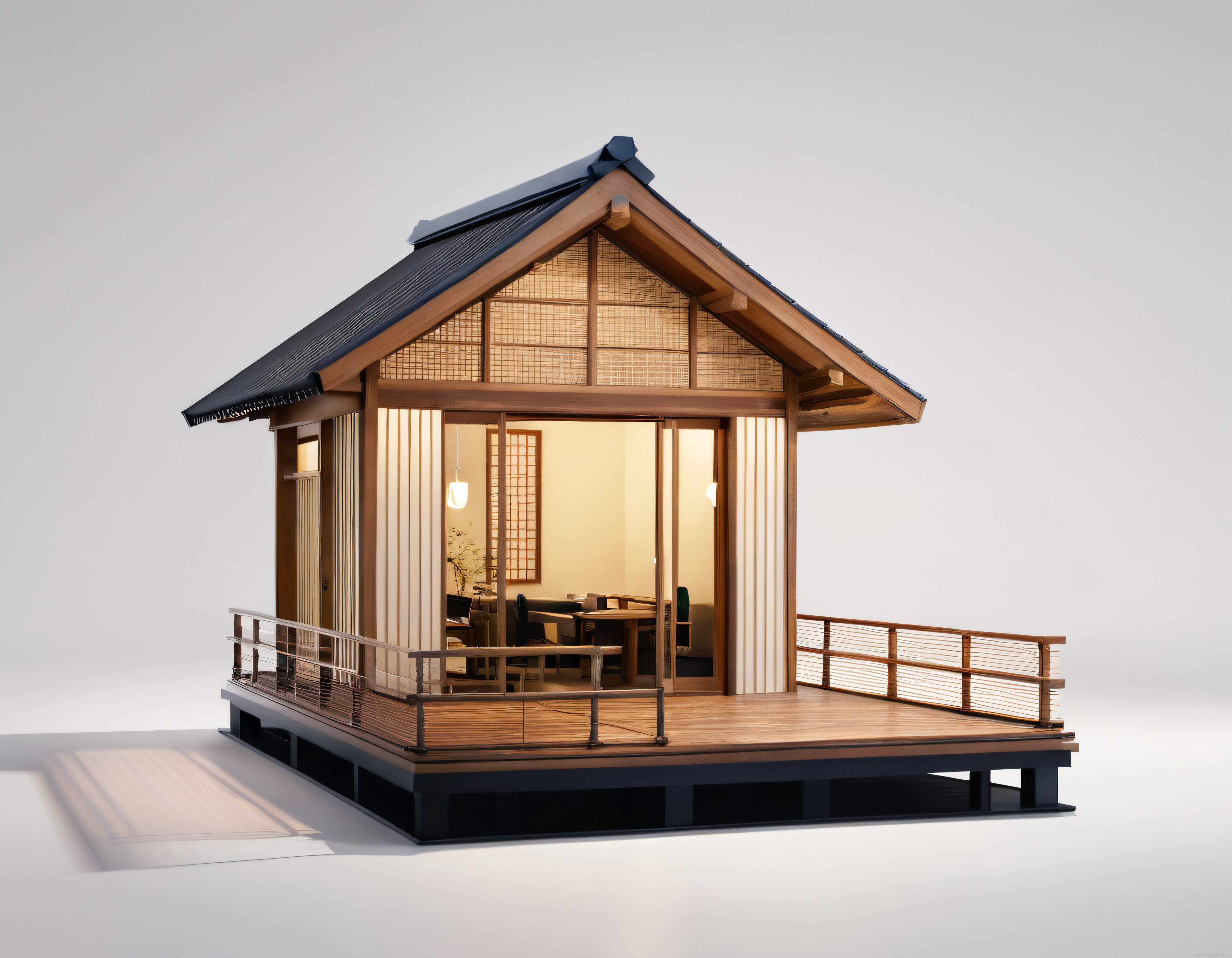 Japon stili ahşap bahçe evi, teraslı bungalov ve geleneksel shoji detayları