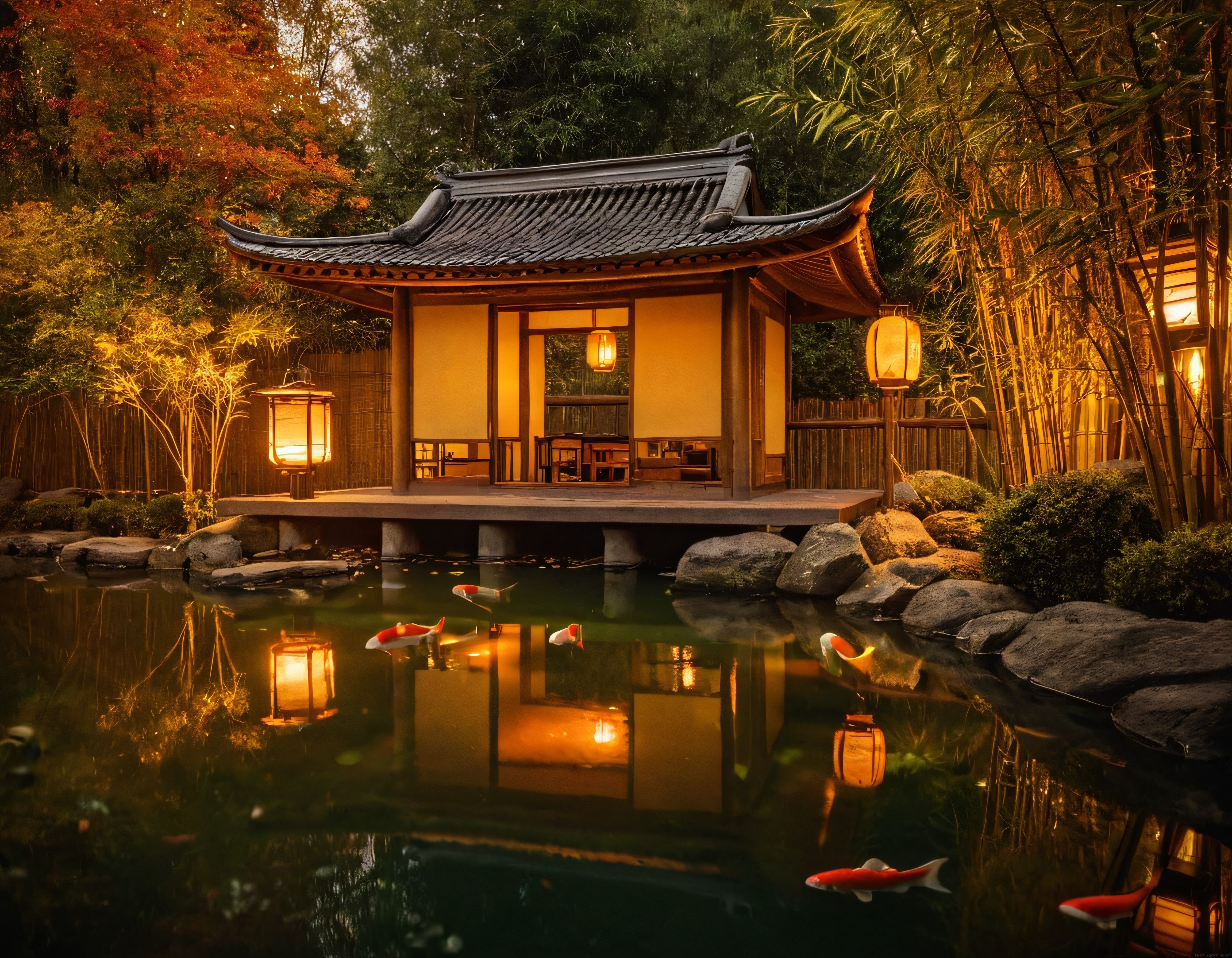 Japon Stili Çay Evi, Fener Işığı ve Koi Balıklı Sessiz Bahçe Manzarası