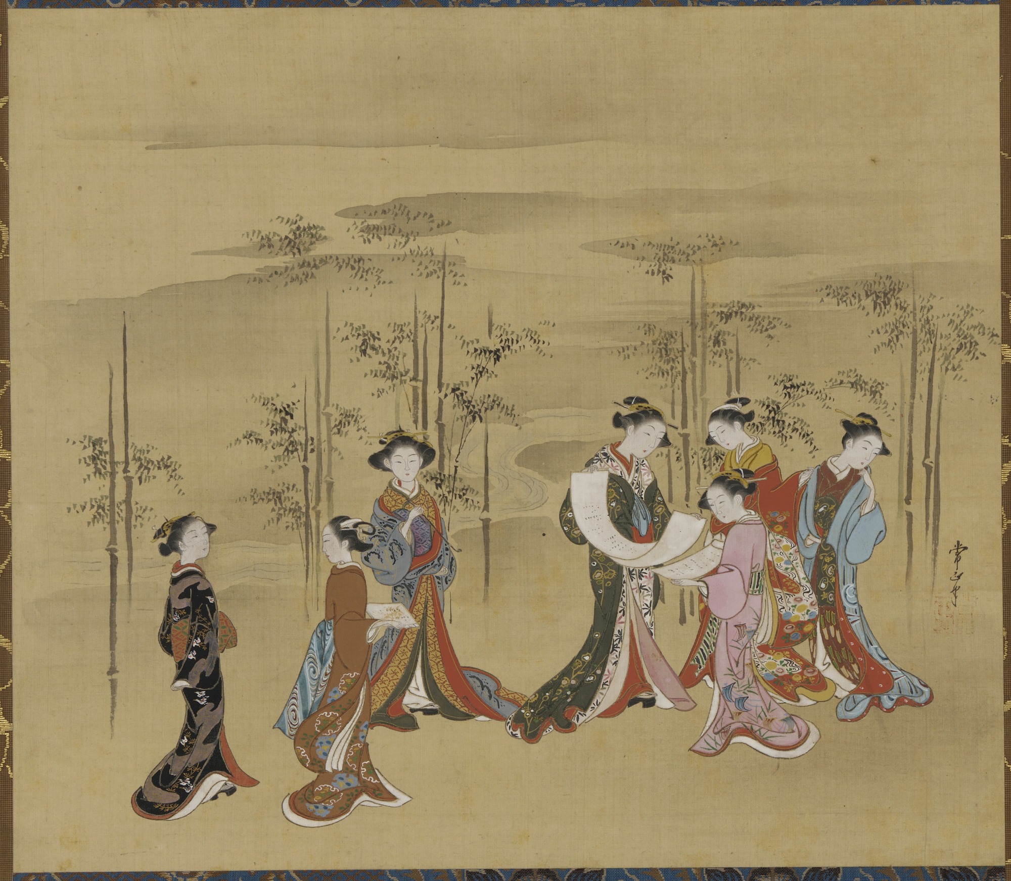 Japon Ukiyo-e Tarzı Geleneksel Kimonolu Kadınlar ve Bambu Ormanı Tablosu