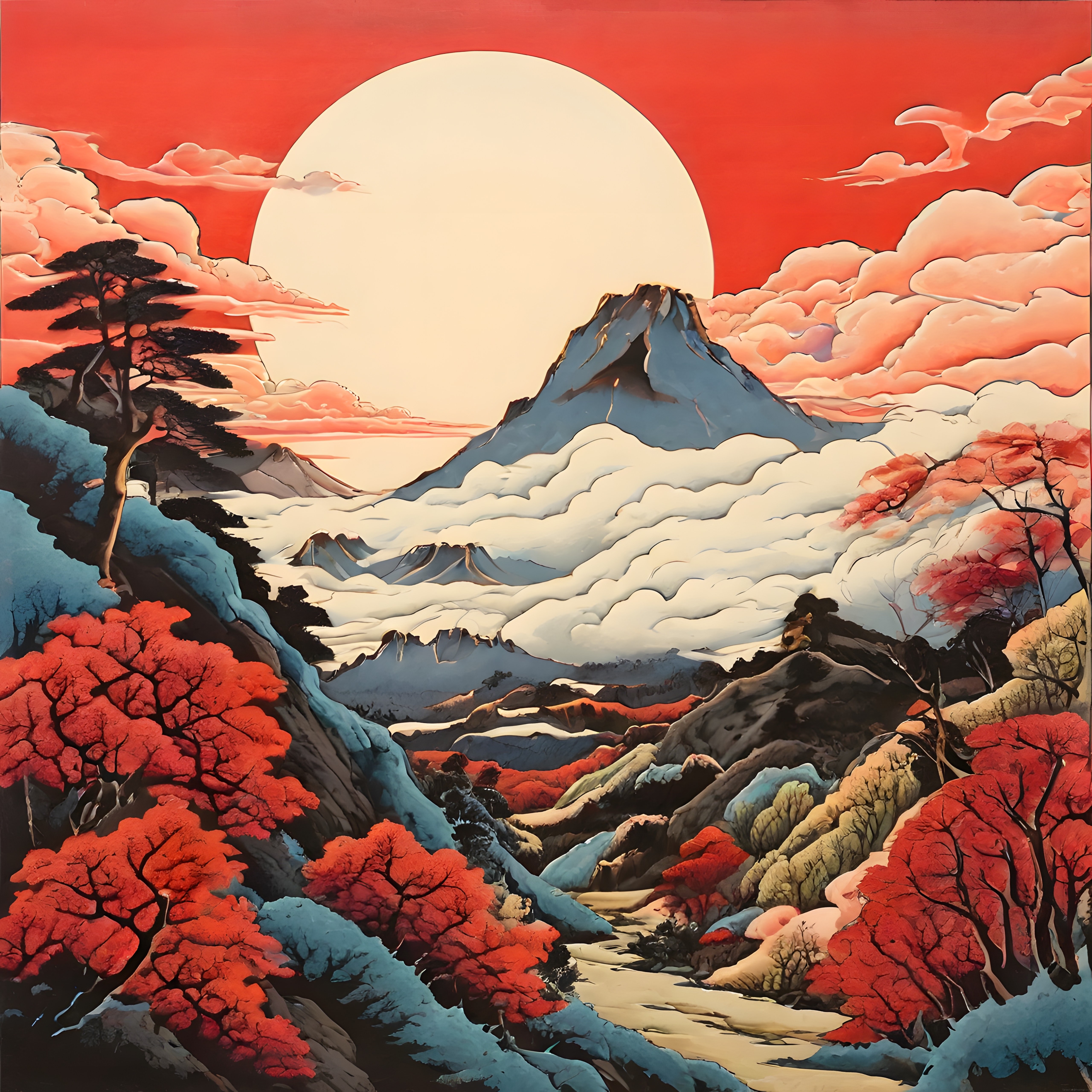 Japon Ukiyo-e Tarzı Sonbahar Dağ Manzarası ve Kırmızı Gökyüzünde Büyük Güneş
