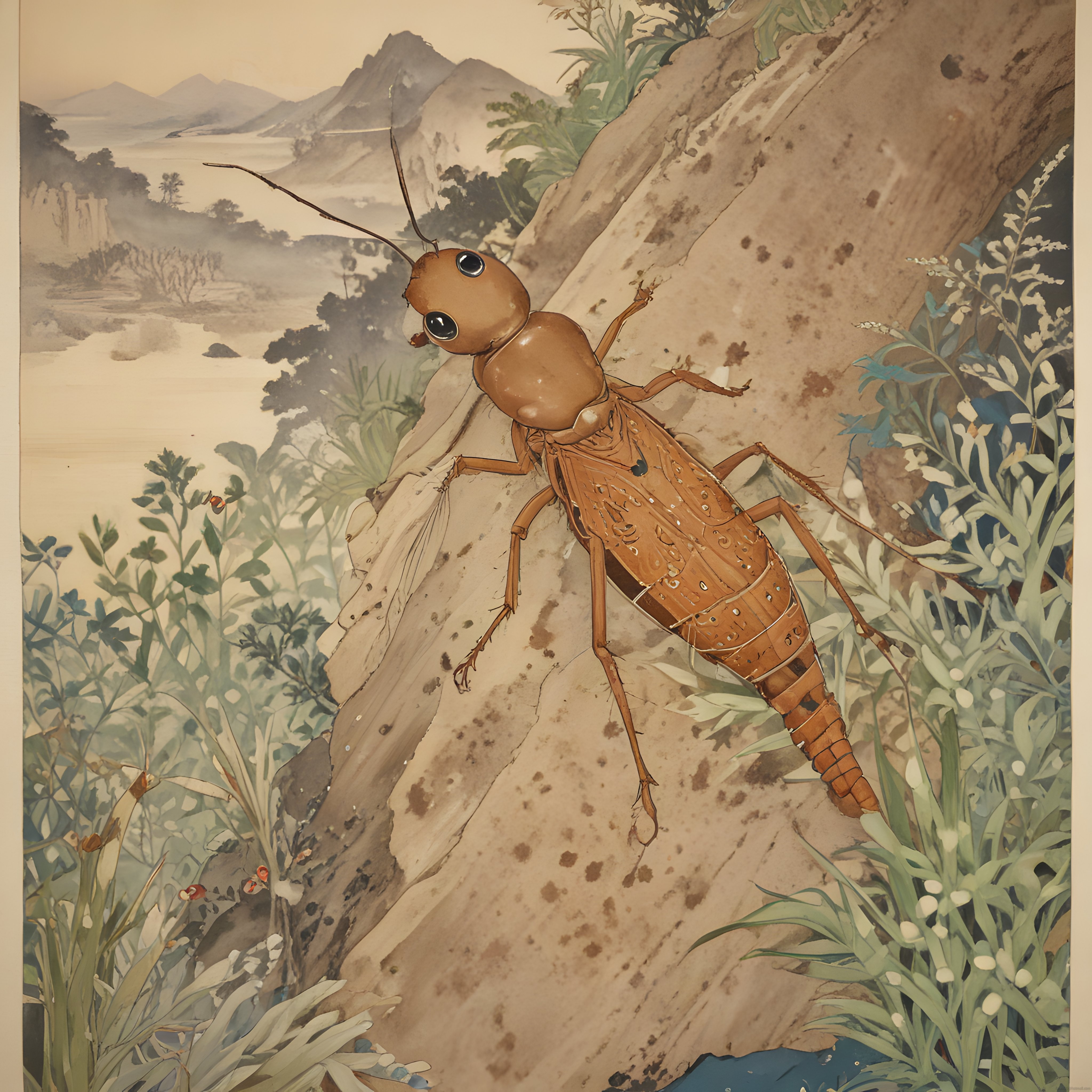 Japon Ukiyo-e Tarzında Eski Kağıt Üzerinde Böcek ve Mistik Doğa Manzarası