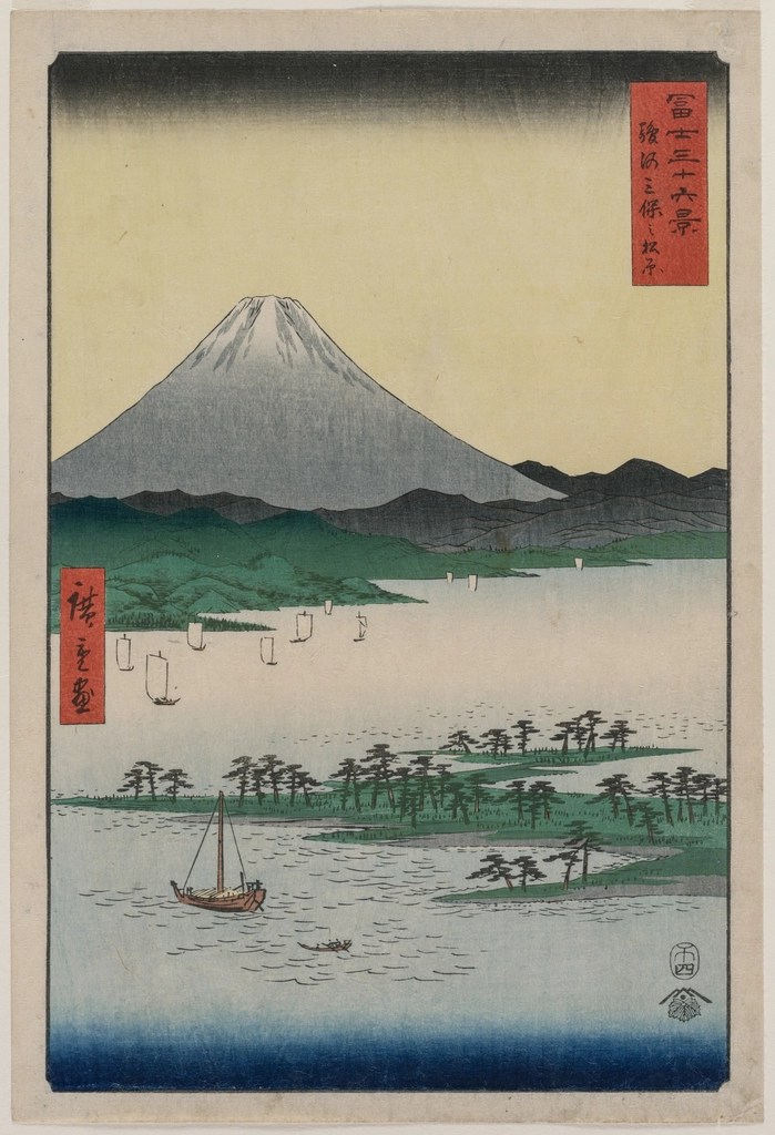 Japon Ukiyoe Sanatında Fuji Dağı ve Yelkenli Tekneler Manzarası