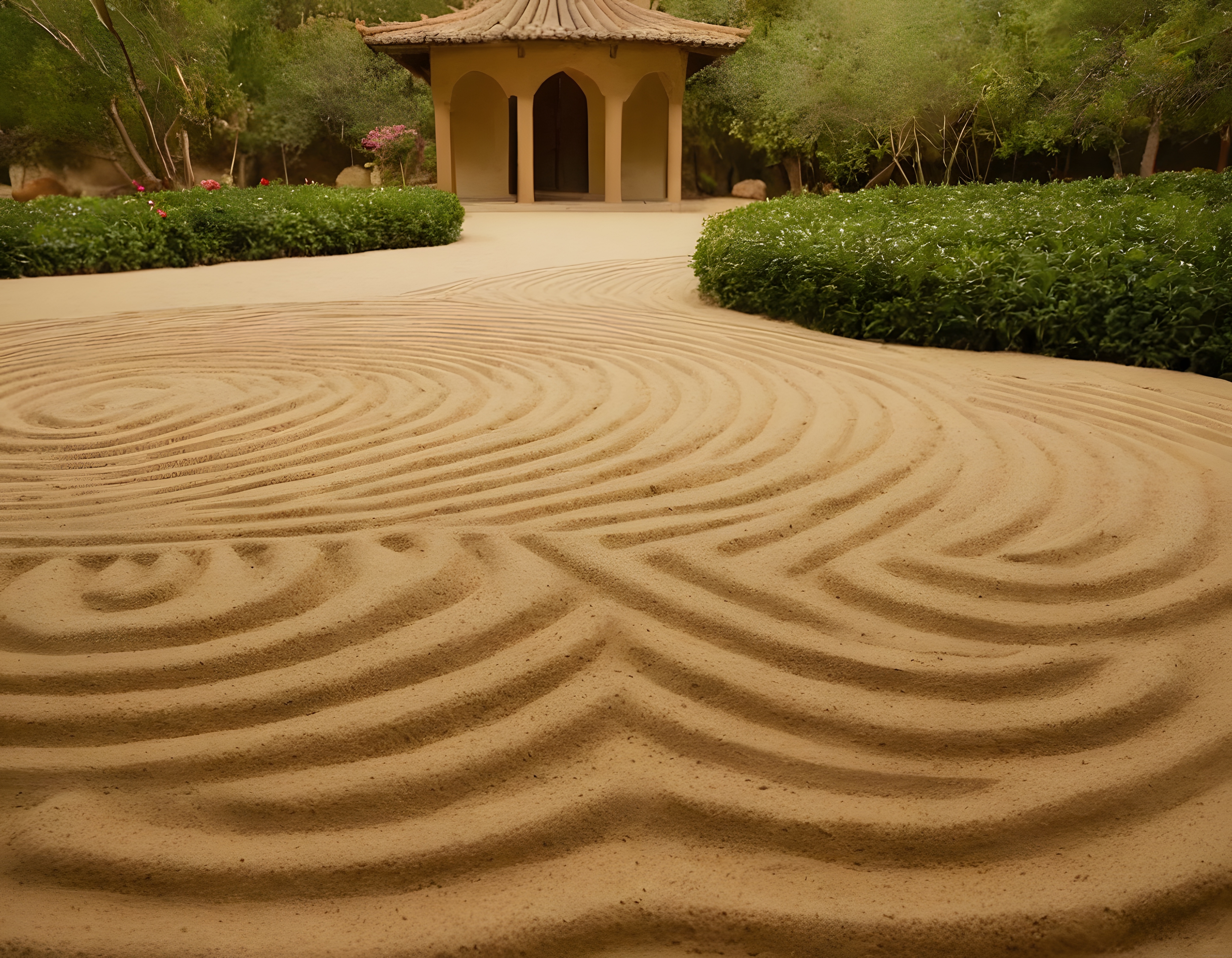 Japon zen bahçesinde dalgalı kum desenleri ve avludaki geleneksel tapınak