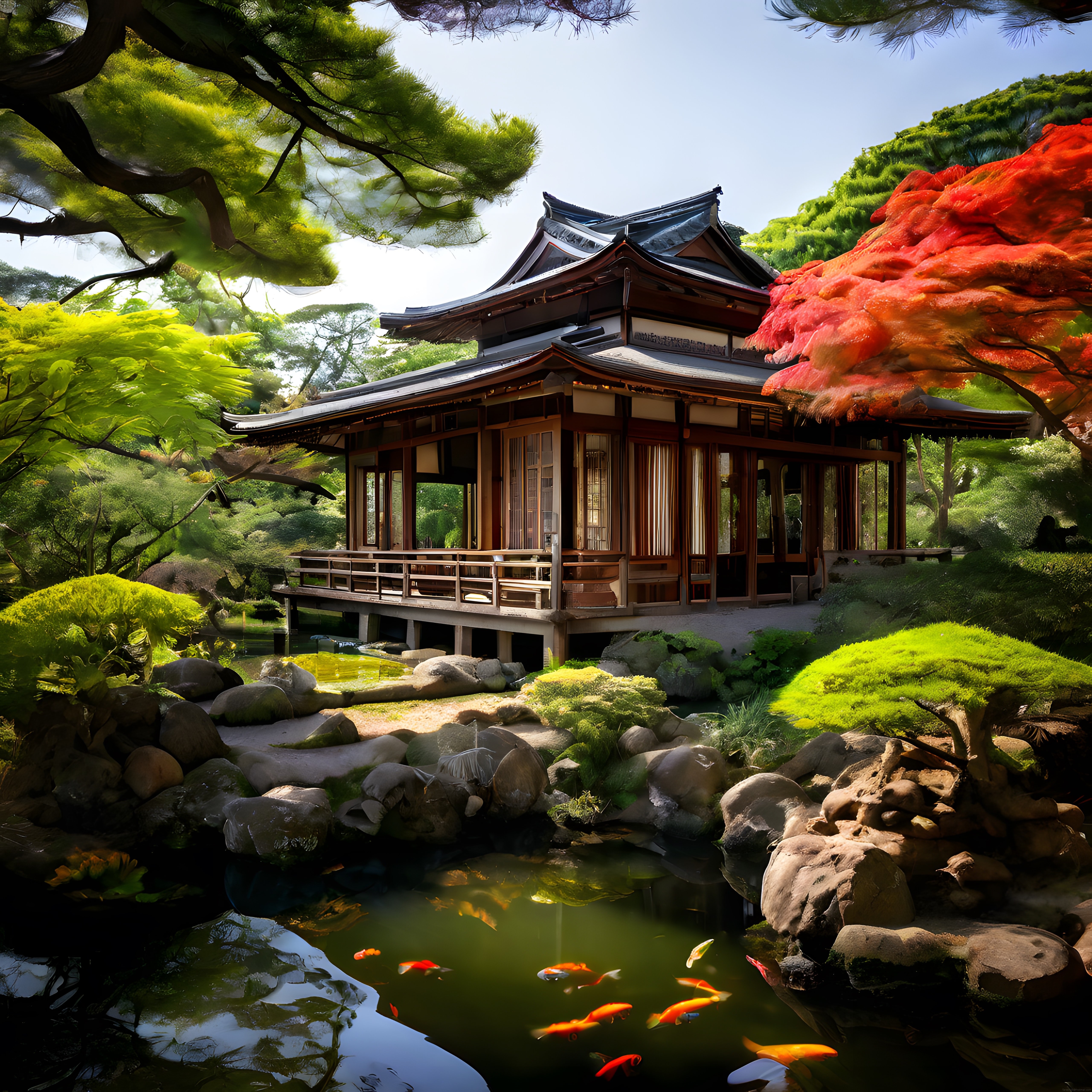japon zen bahçesinde koi balıklı süs havuzu ve ahşap çay evi manzarası