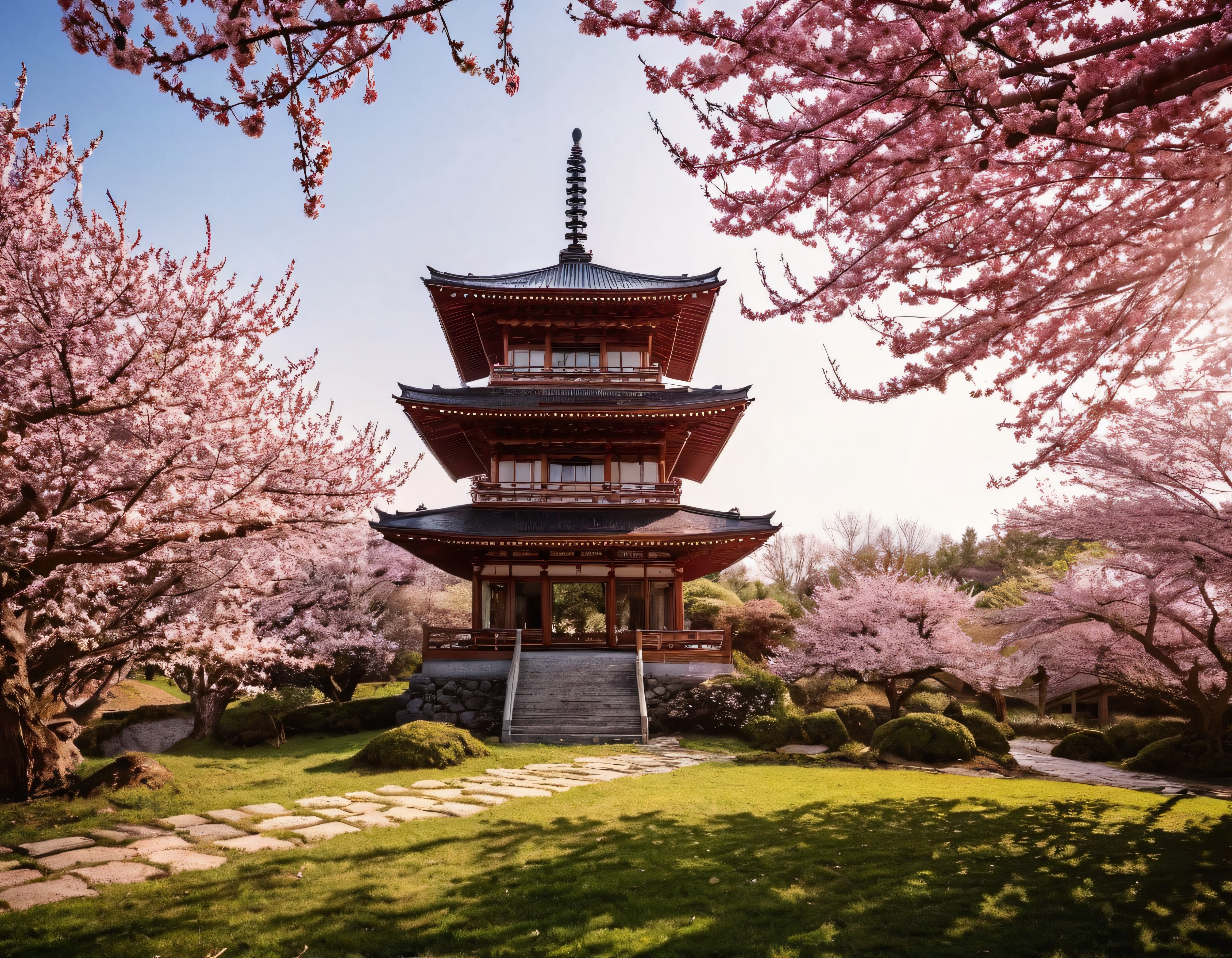 Japonya'da Kiraz Çiçeği Mevsiminde Büyüleyici Pagoda Manzarası