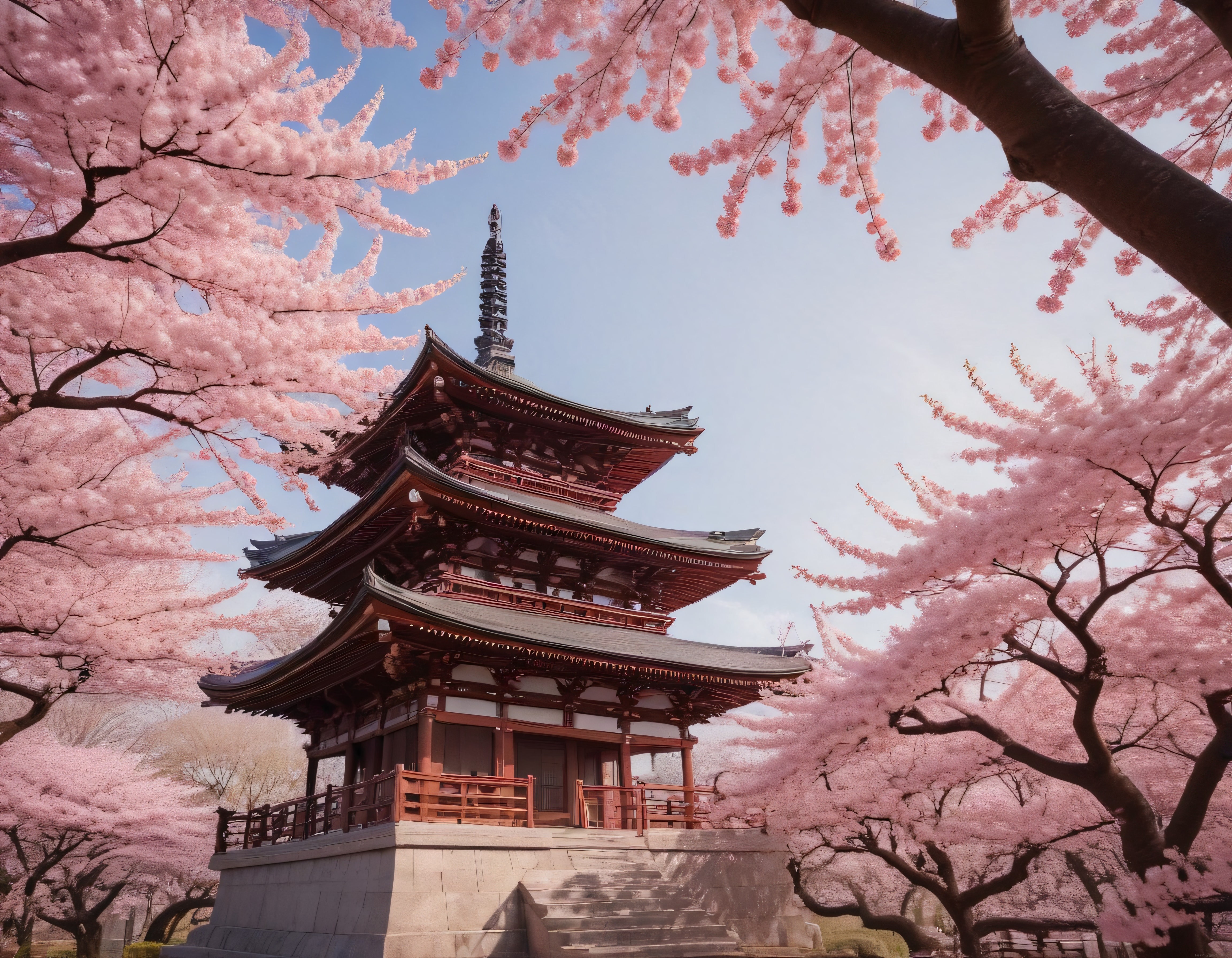 Japonya'da Kiraz Çiçeği Mevsiminde Tarihi Pagoda ve Sakura Bahçesi Manzarası