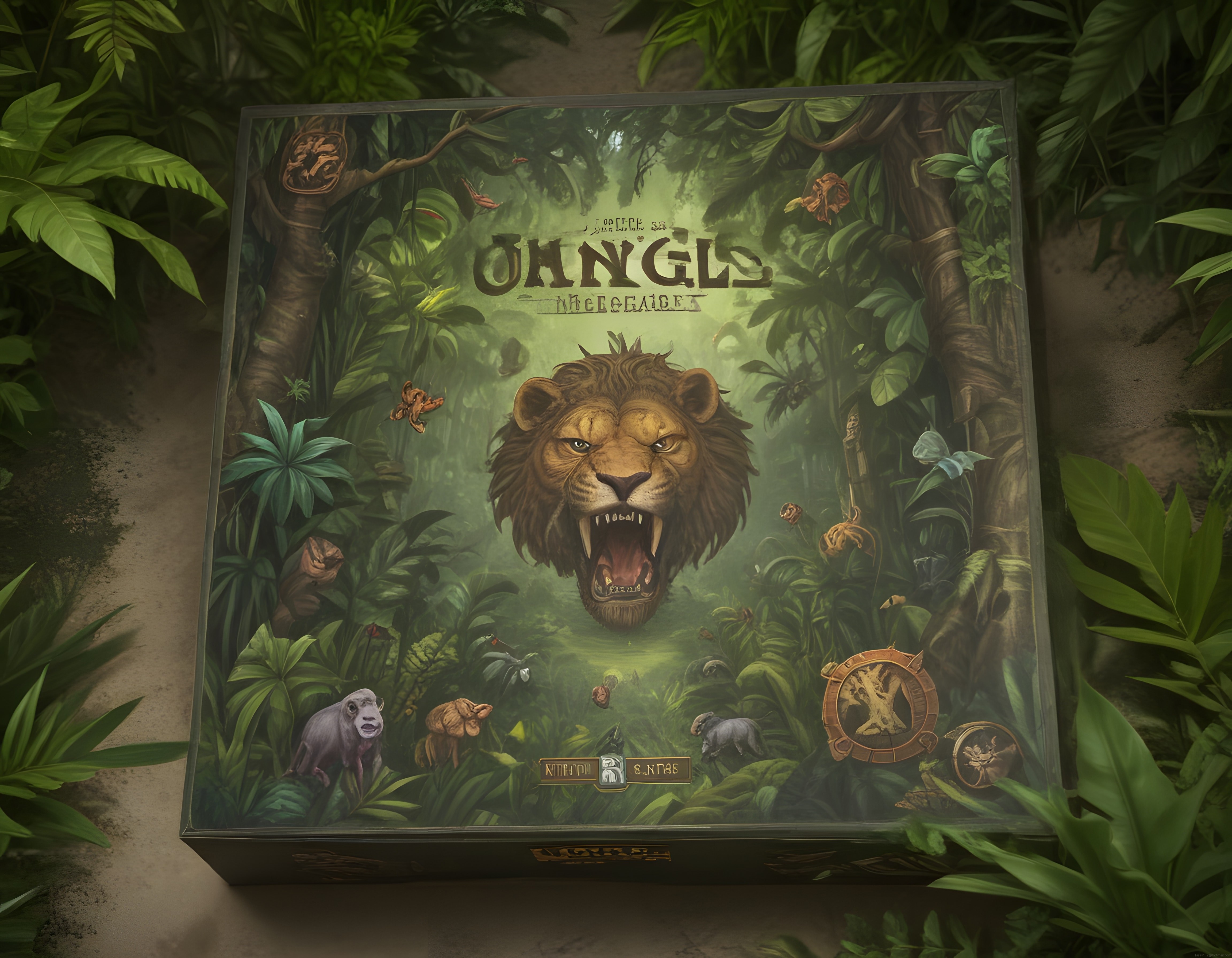 Jungle Adventure Kutu Oyunu Kapağında Kükreyen Aslan ve Tropik Orman Atmosferi