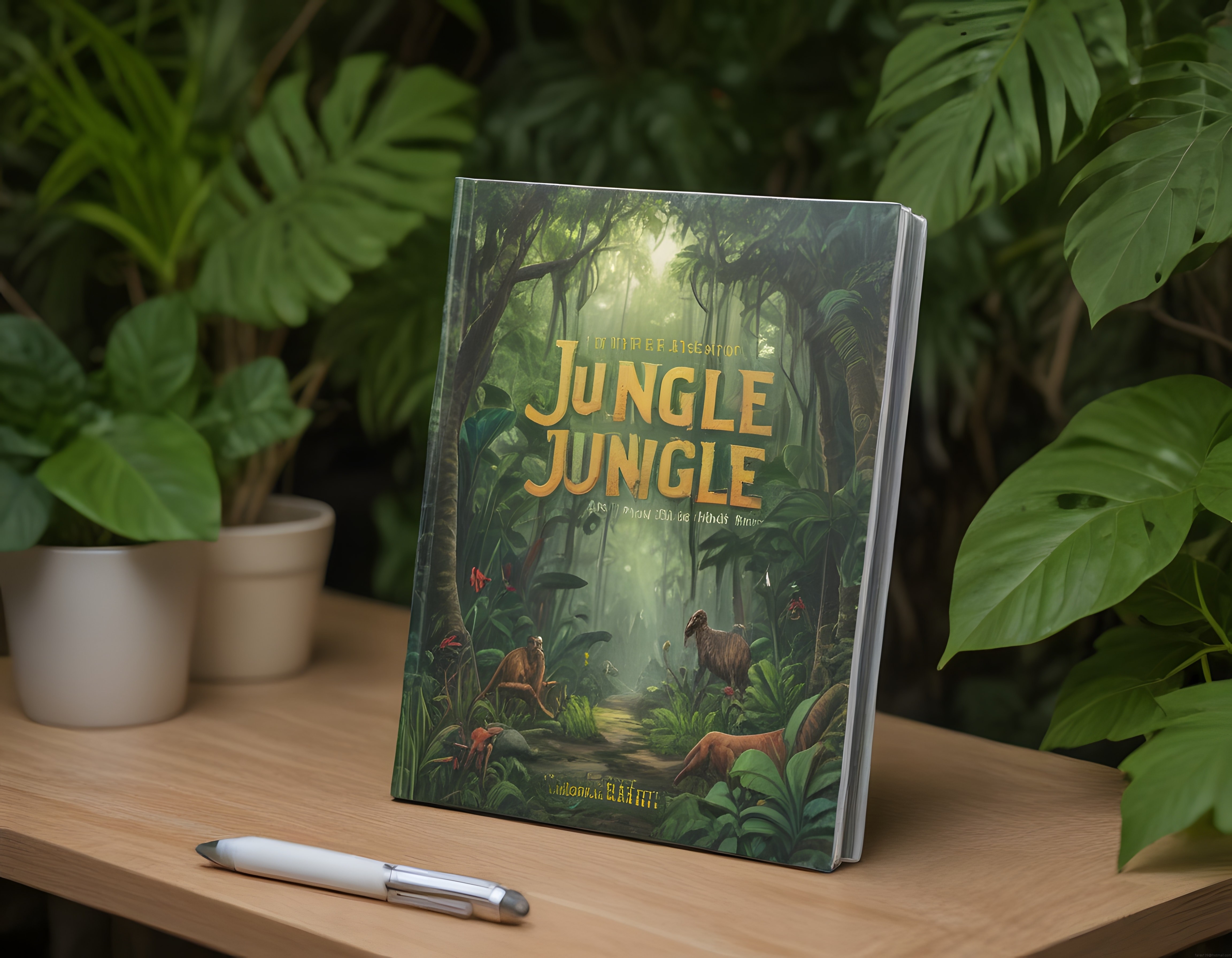 Jungle Jungle Kitabı Tropikal Bitkiler ve Ahşap Masa Üzerinde Stüdyo Çekimi