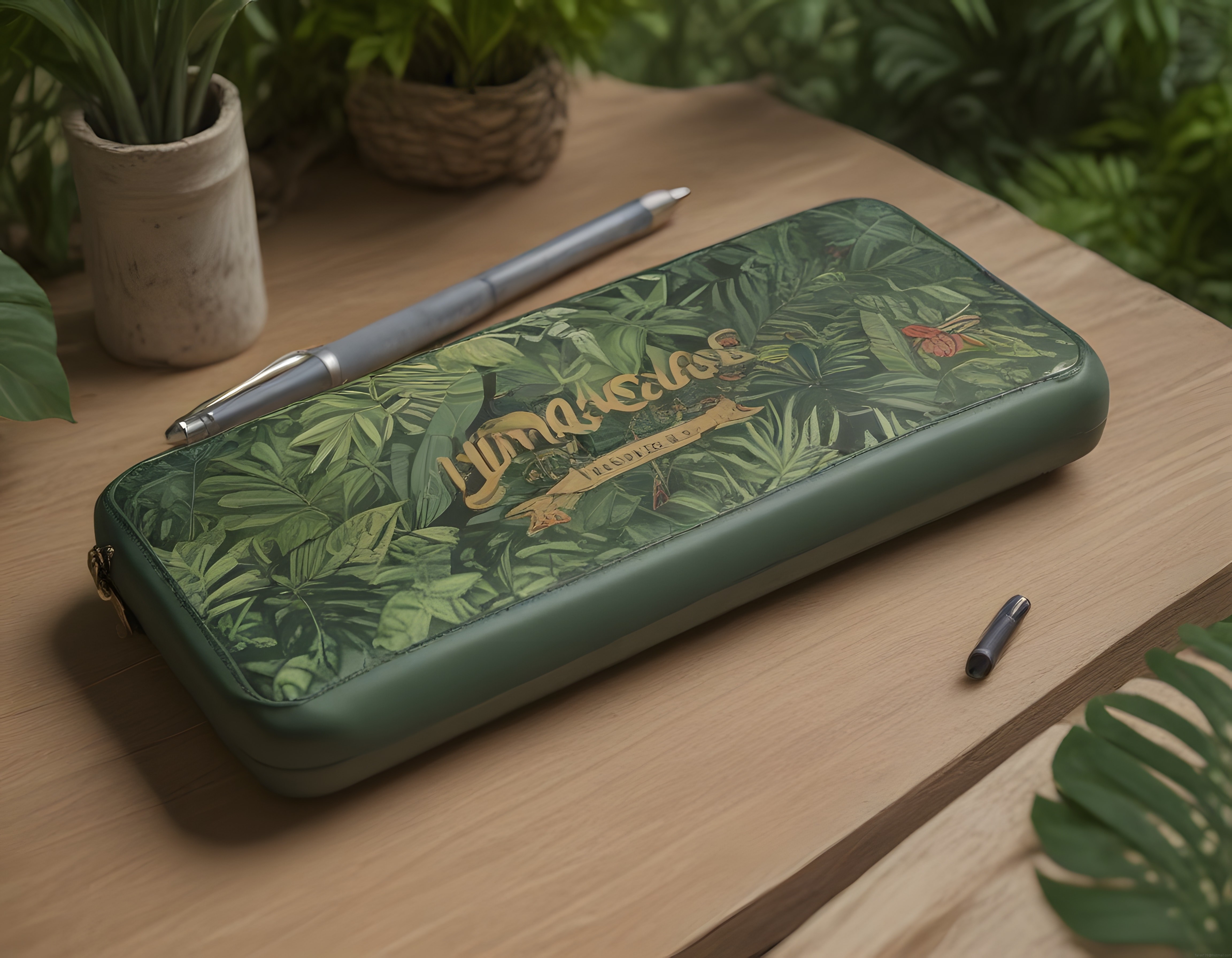 Jungle Paradise Baskılı Fermuarlı Kalem Kutusu ve Ahşap Masada Dolma Kalem
