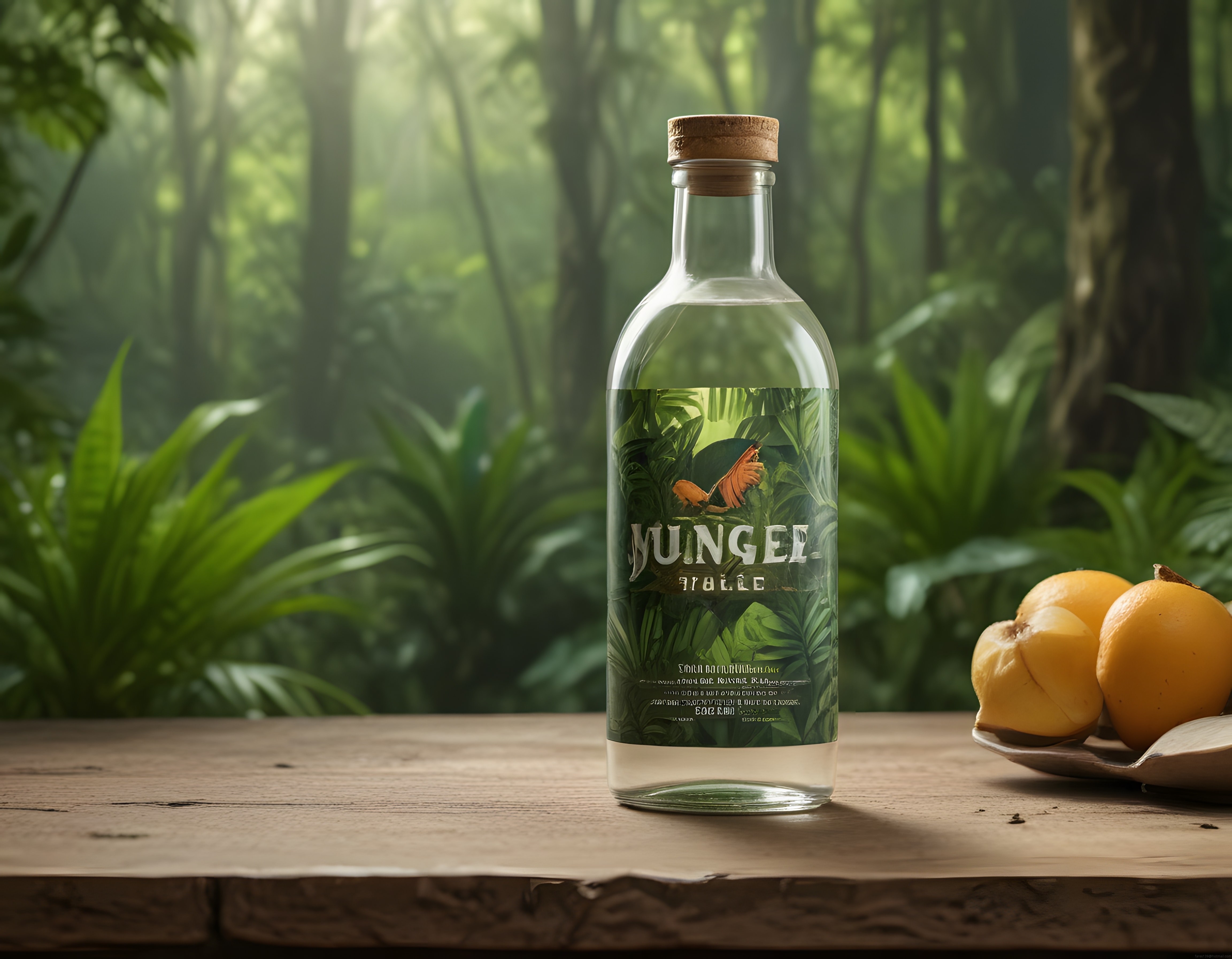 Jungle Temalı Organik İçecek Şişesi ve Tropikal Meyveler Yeşil Ormanda